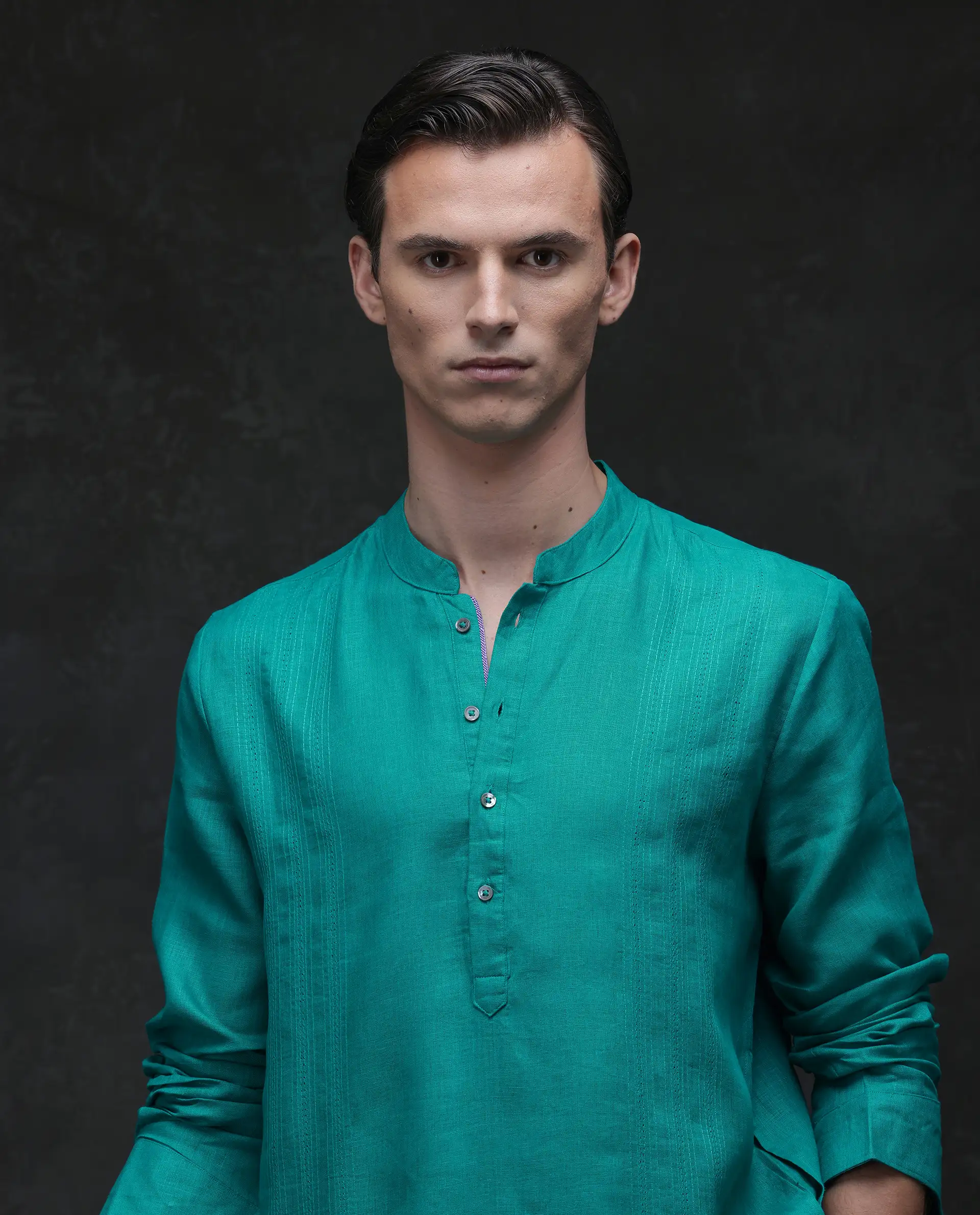 Rare Rabbit Men's President Green 100% Linen Plain Regular Fit Full Sleeve Mandarin Collar Kurta - Image 7