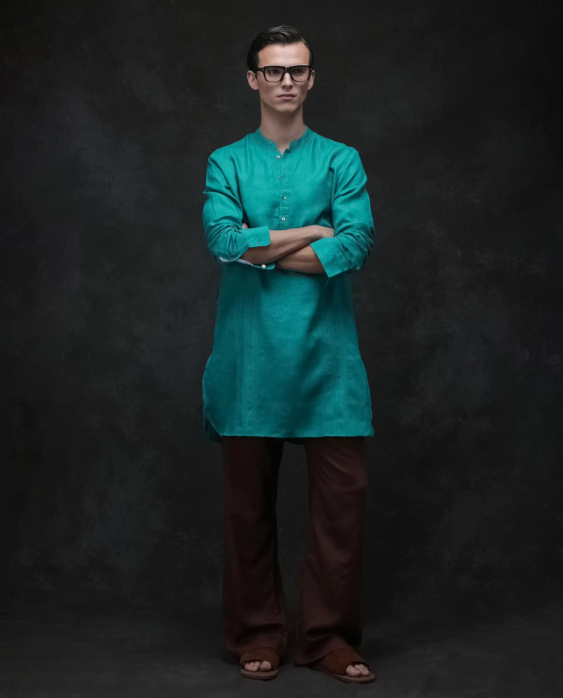 Rare Rabbit Men's President Green 100% Linen Plain Regular Fit Full Sleeve Mandarin Collar Kurta - Image 8