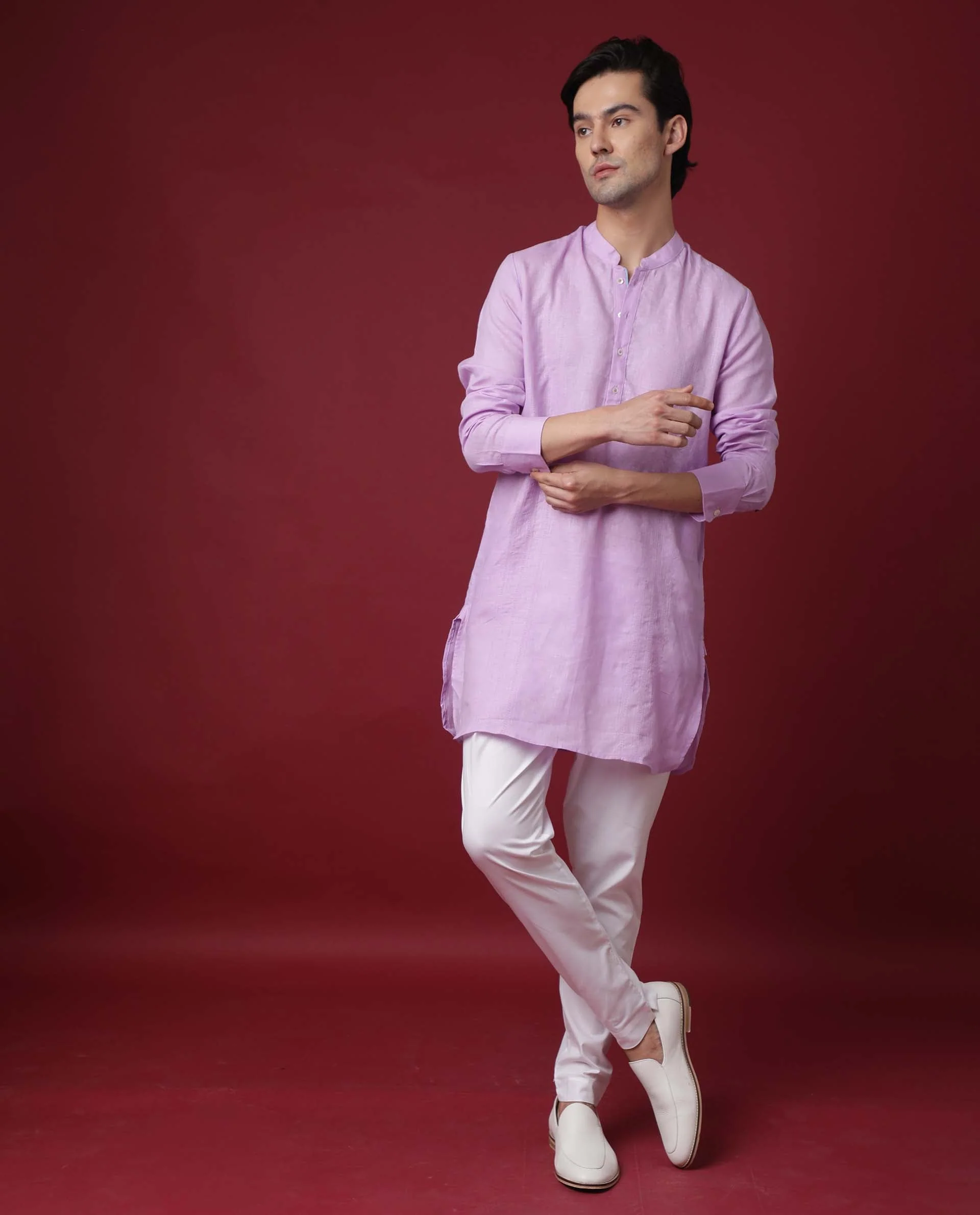 Rare Rabbit Men's President Lilac Linen Plain Regular Fit Full Sleeve Mandarin Collar Kurta - Image 2