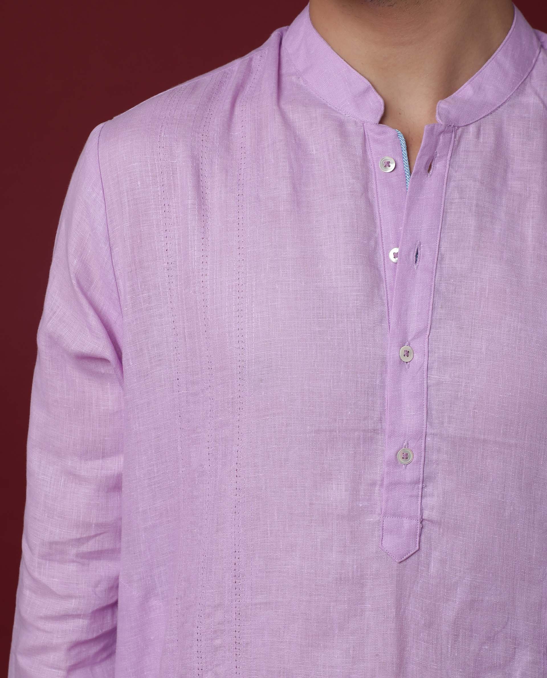 Rare Rabbit Men's President Lilac Linen Plain Regular Fit Full Sleeve Mandarin Collar Kurta - Image 3