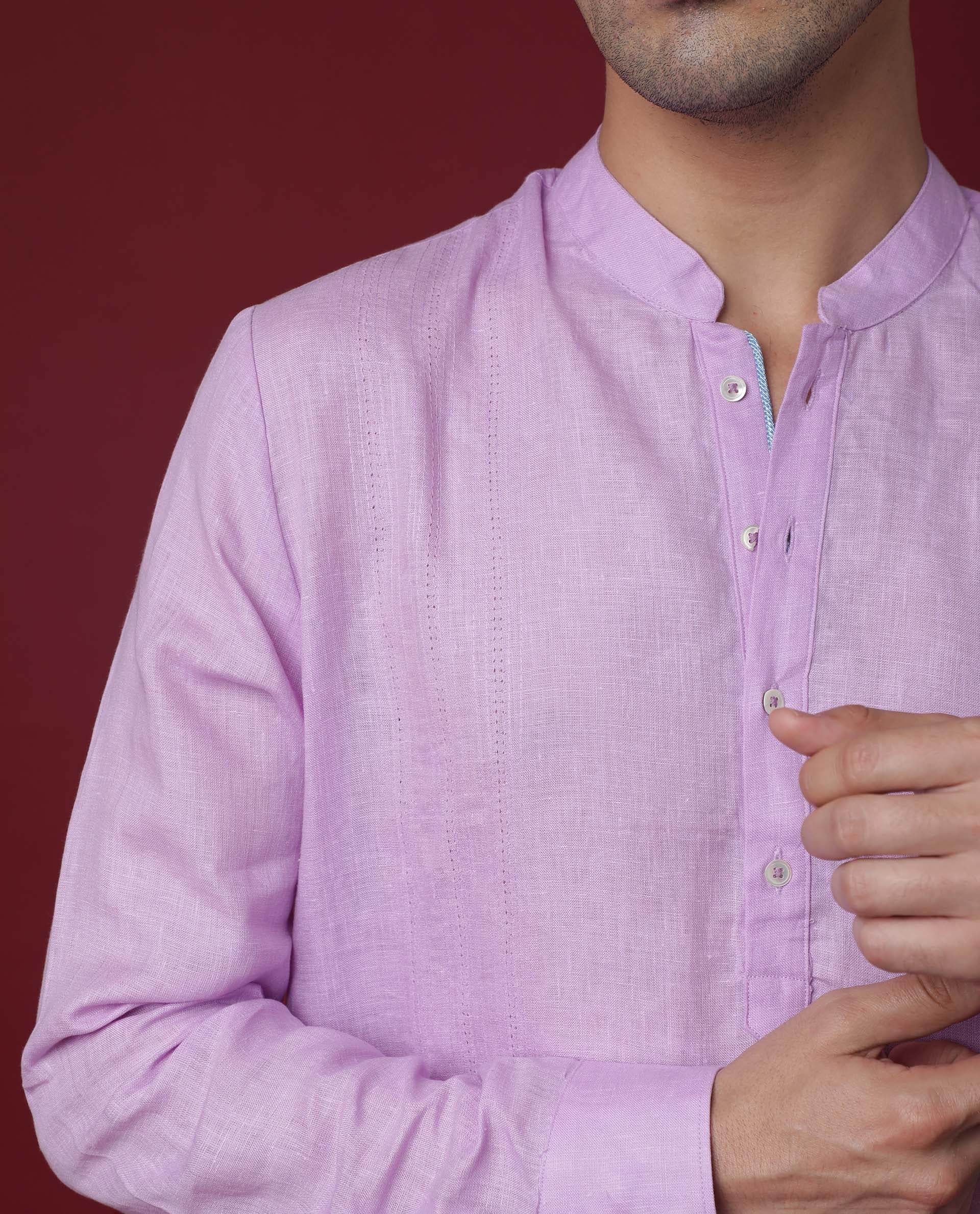 Rare Rabbit Men's President Lilac Linen Plain Regular Fit Full Sleeve Mandarin Collar Kurta - Image 5