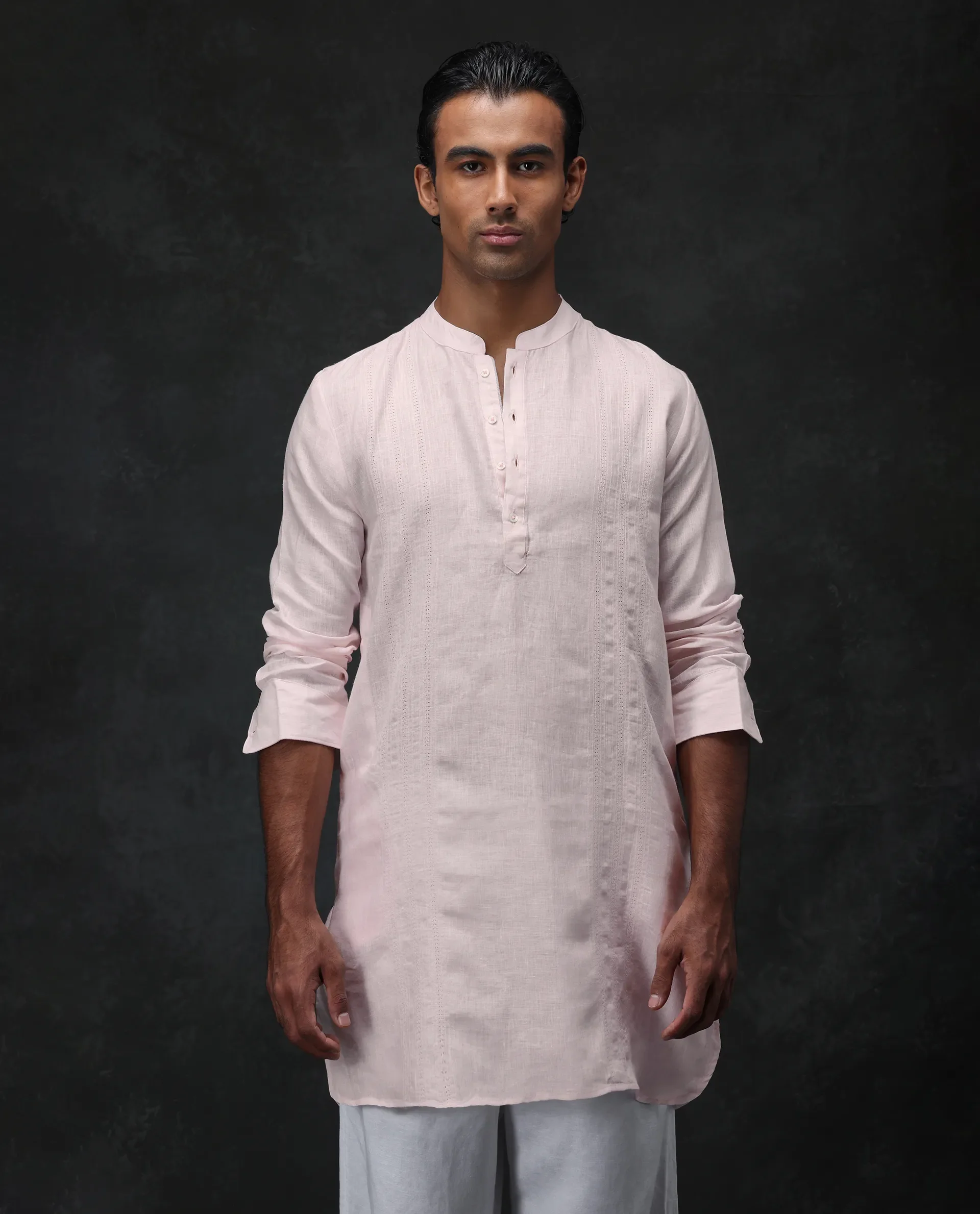 Rare Rabbit Men's President Pink 100% Linen Plain Regular Fit Full Sleeve Mandarin Collar Kurta