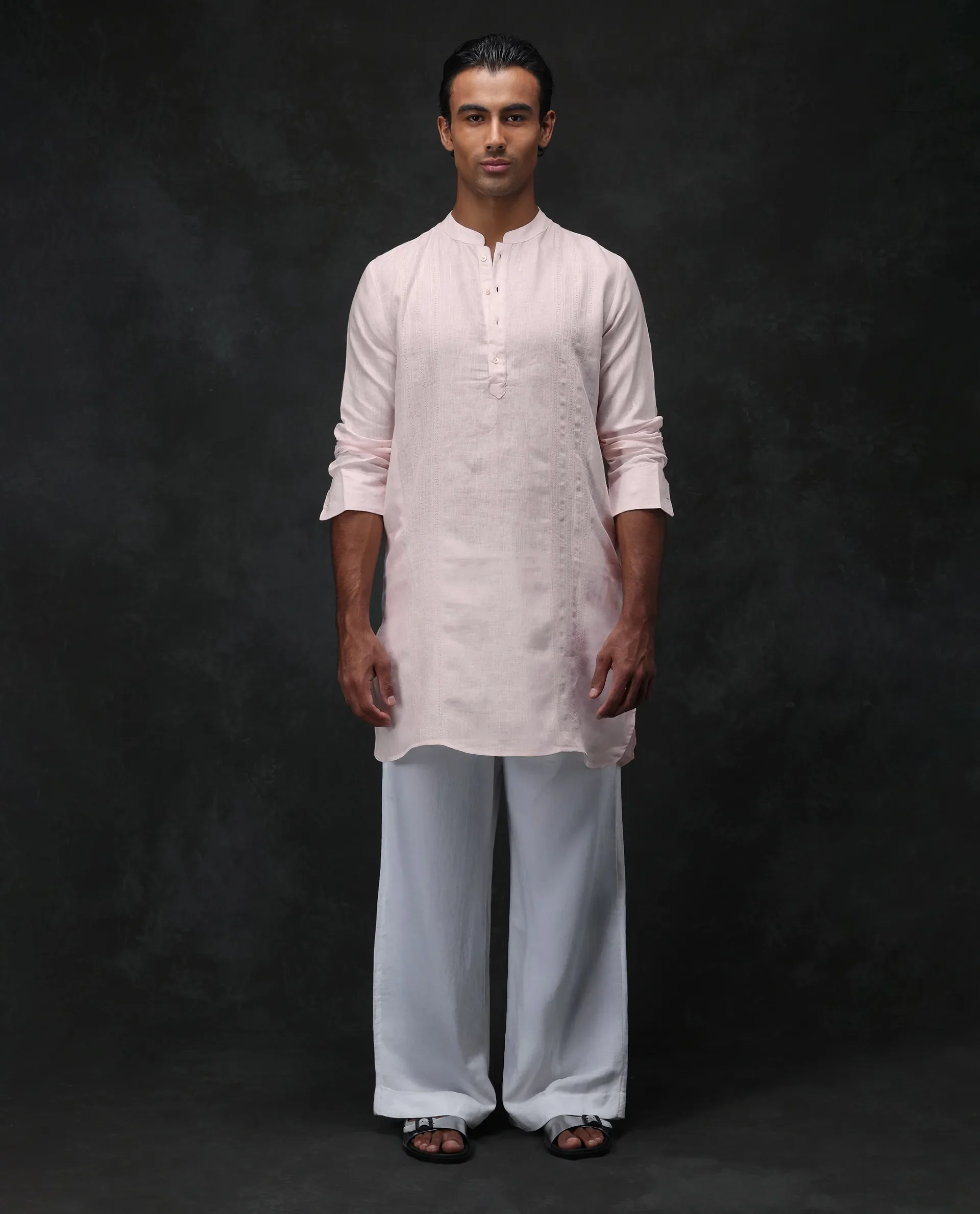 Rare Rabbit Men's President Pink 100% Linen Plain Regular Fit Full Sleeve Mandarin Collar Kurta - Image 2