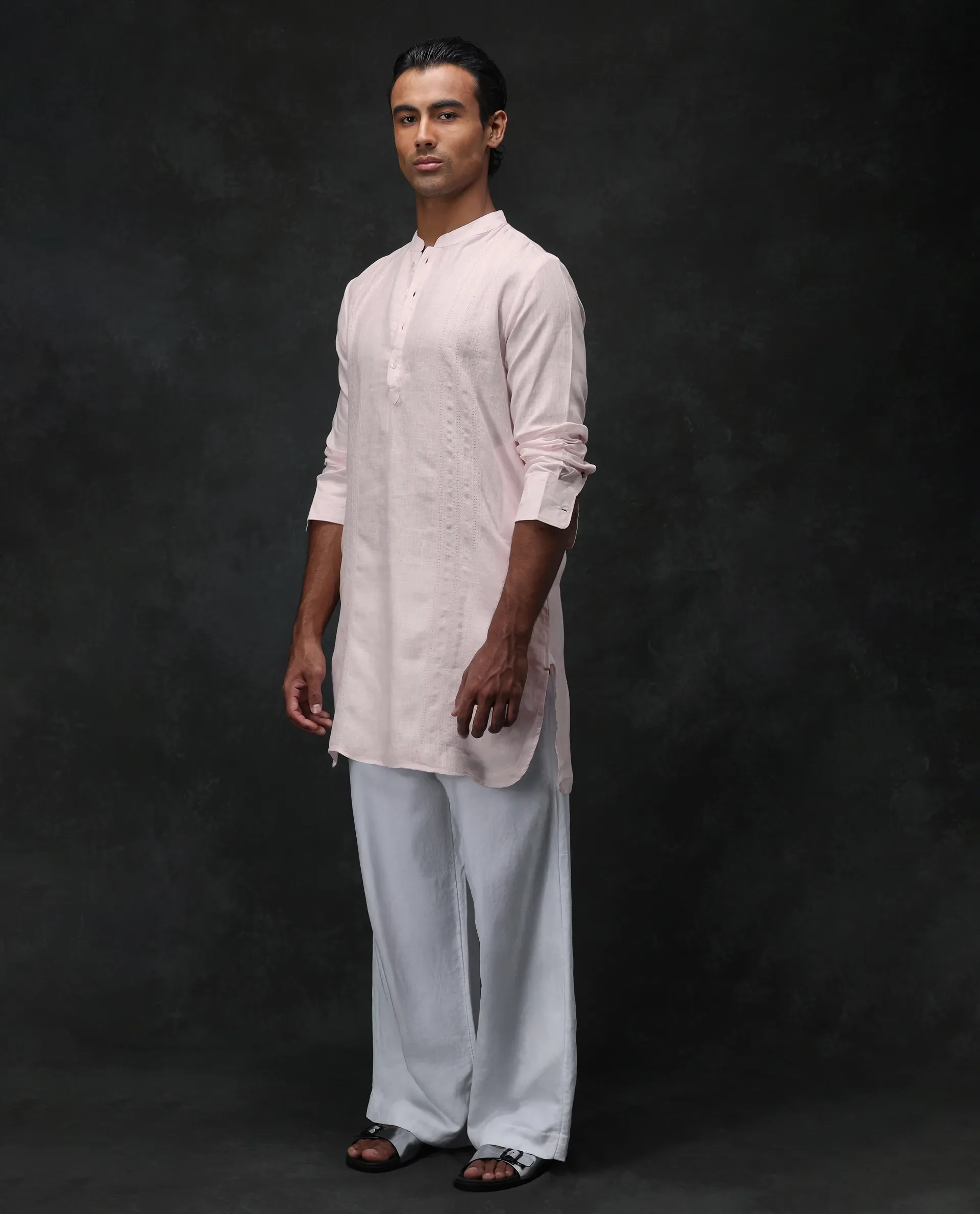 Rare Rabbit Men's President Pink 100% Linen Plain Regular Fit Full Sleeve Mandarin Collar Kurta - Image 3