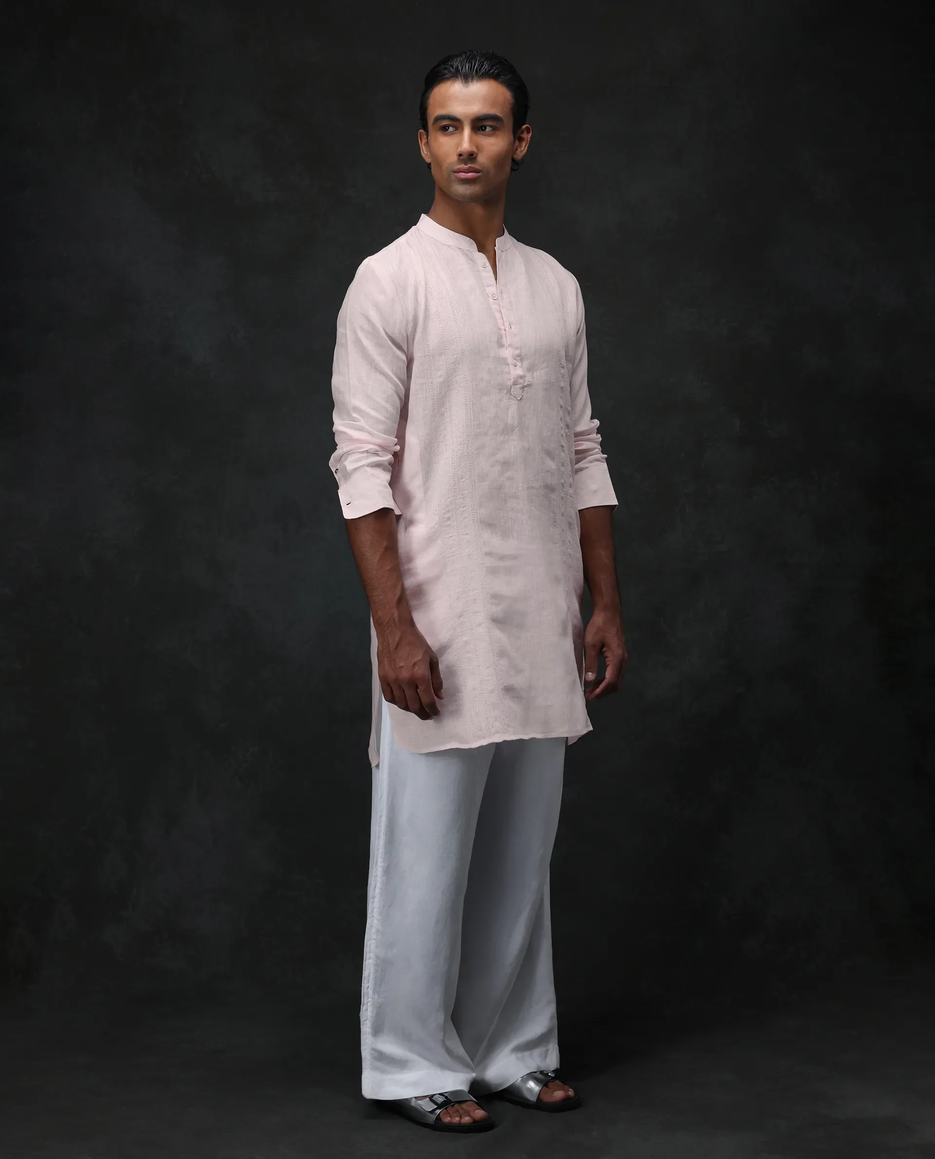 Rare Rabbit Men's President Pink 100% Linen Plain Regular Fit Full Sleeve Mandarin Collar Kurta - Image 4