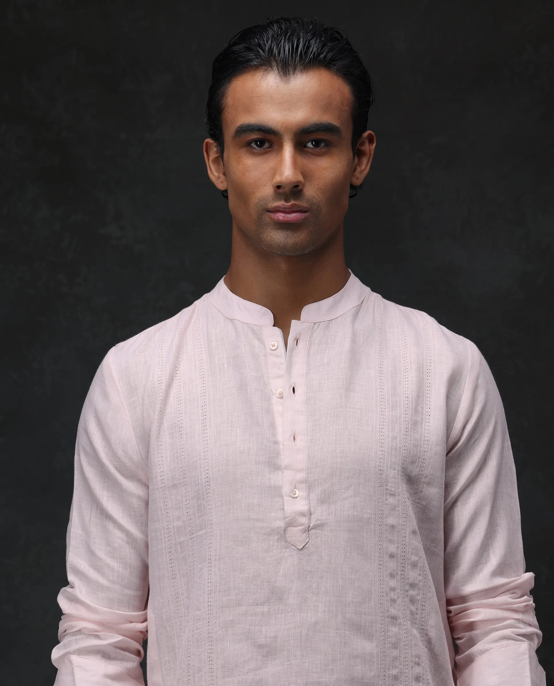 Rare Rabbit Men's President Pink 100% Linen Plain Regular Fit Full Sleeve Mandarin Collar Kurta - Image 5