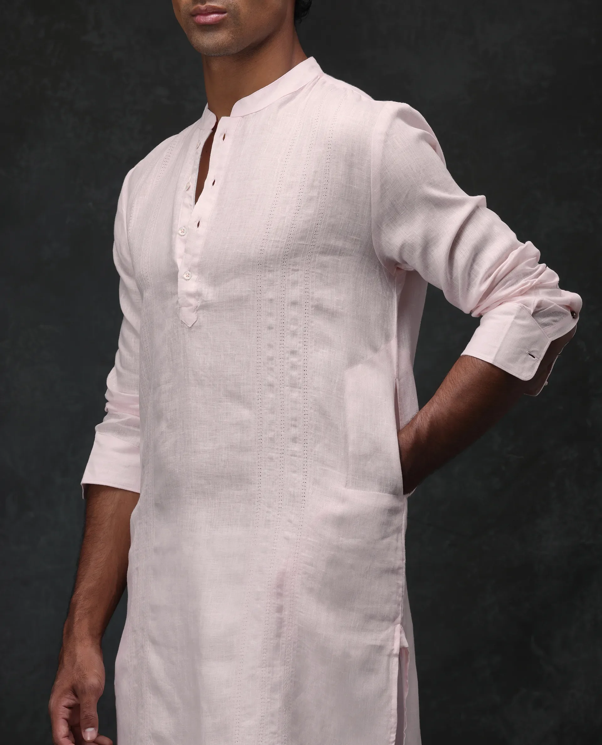 Rare Rabbit Men's President Pink 100% Linen Plain Regular Fit Full Sleeve Mandarin Collar Kurta - Image 6