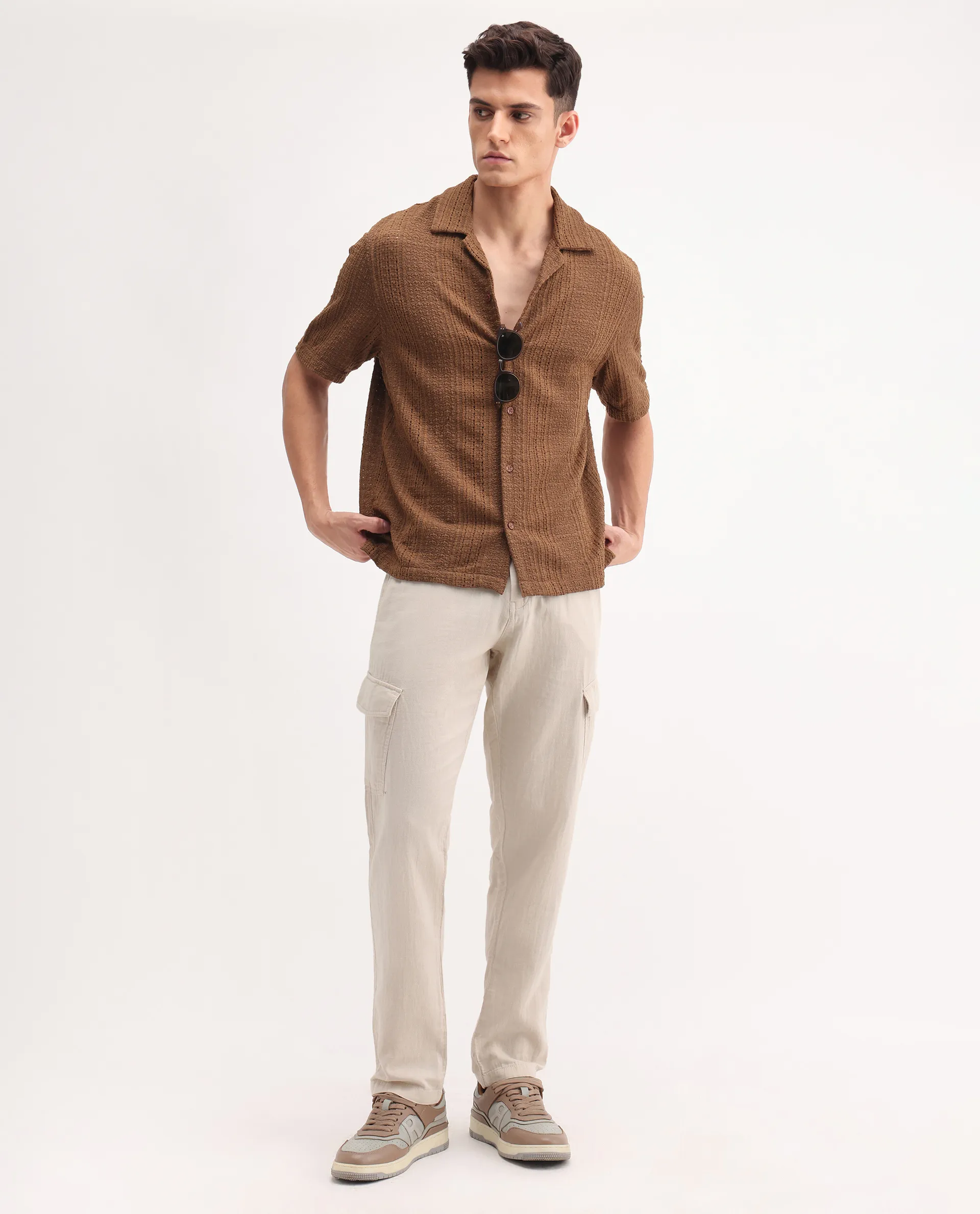Rare Rabbit Men's Presso-25 Beige Cotton Plain Relaxed Fit Trouser