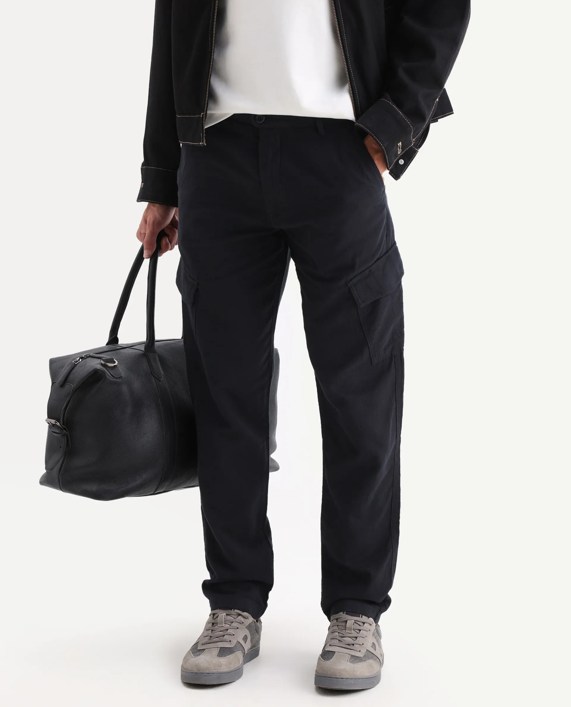 Rare Rabbit Men's Presso 25 Black Cotton Plain Relaxed Fit Trouser - Image 2