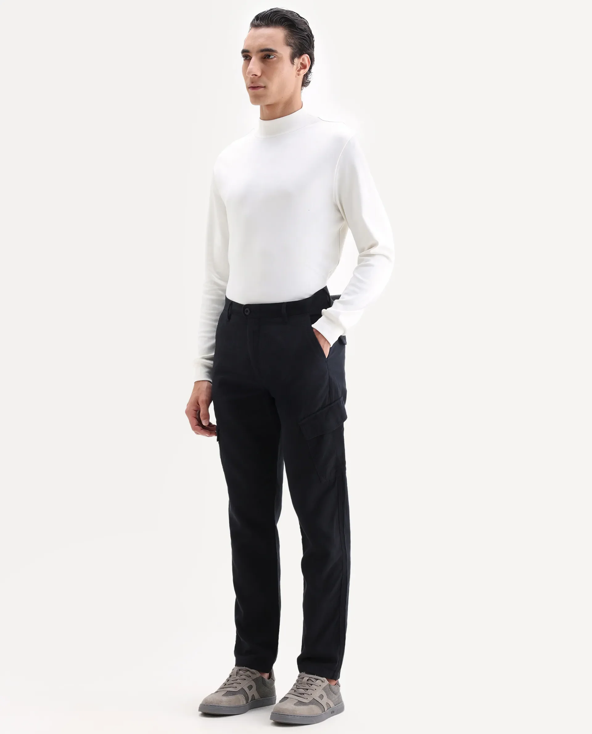 Rare Rabbit Men's Presso 25 Black Cotton Plain Relaxed Fit Trouser - Image 3