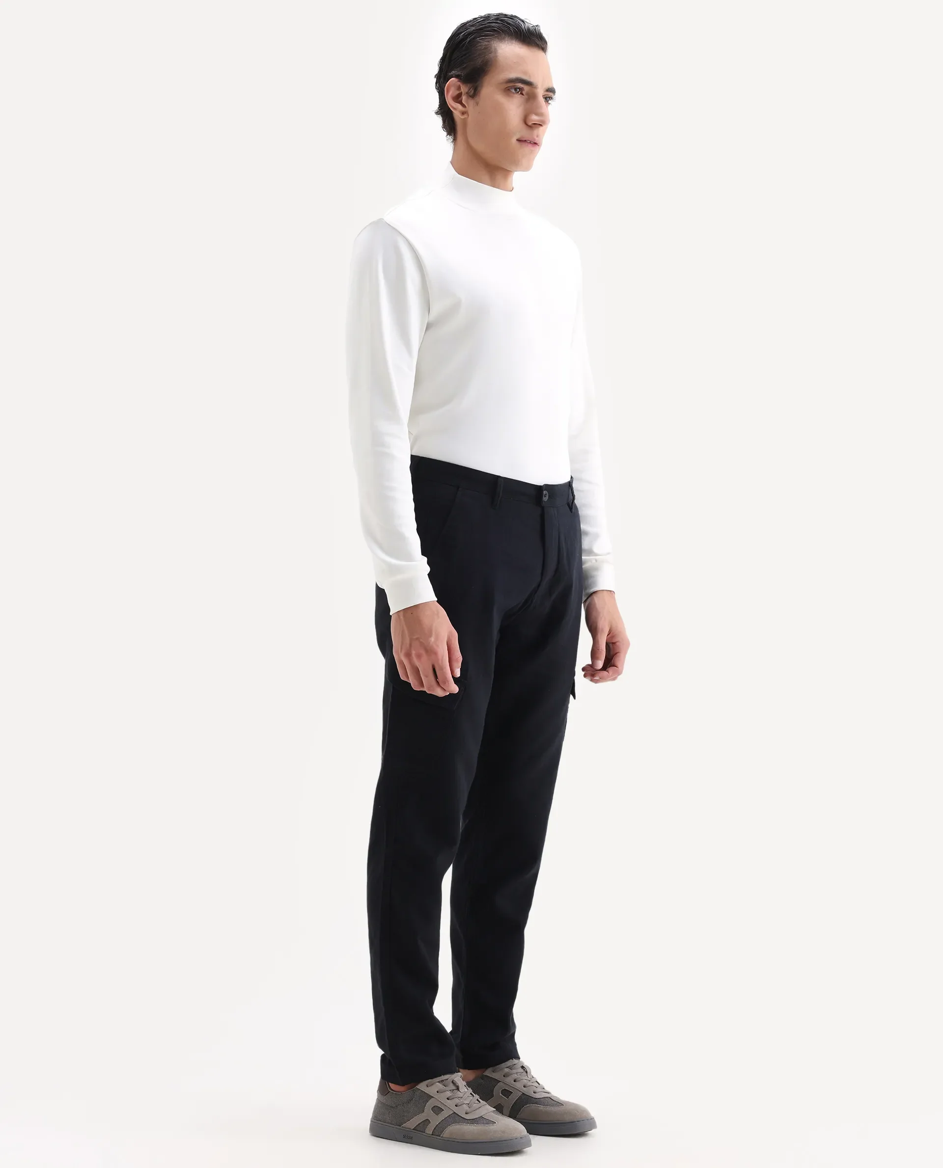 Rare Rabbit Men's Presso 25 Black Cotton Plain Relaxed Fit Trouser - Image 4