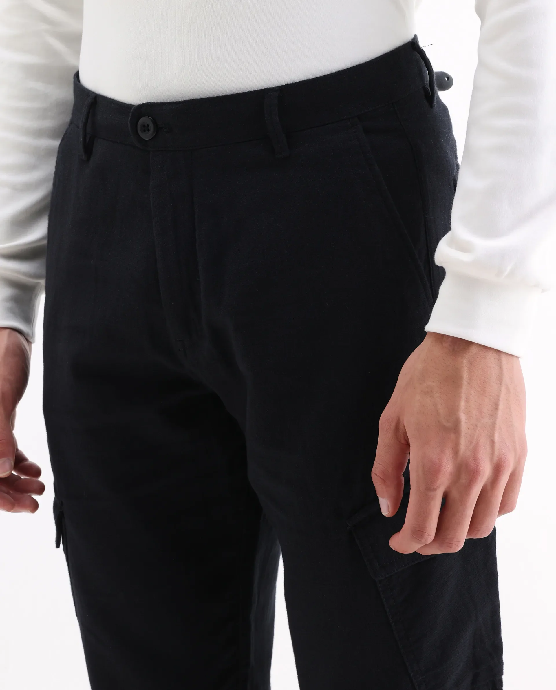 Rare Rabbit Men's Presso 25 Black Cotton Plain Relaxed Fit Trouser - Image 5