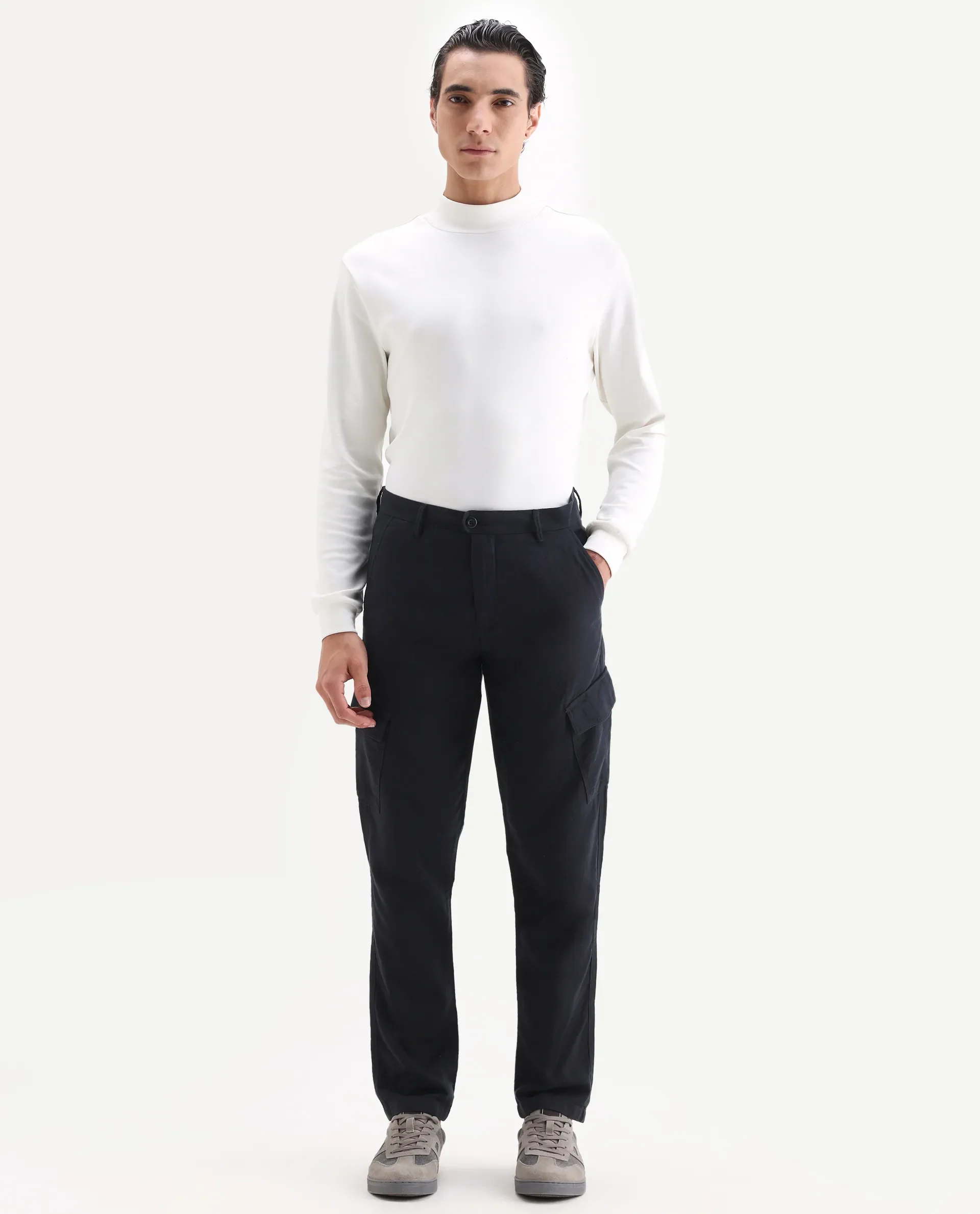 Rare Rabbit Men's Presso 25 Black Cotton Plain Relaxed Fit Trouser - Image 7