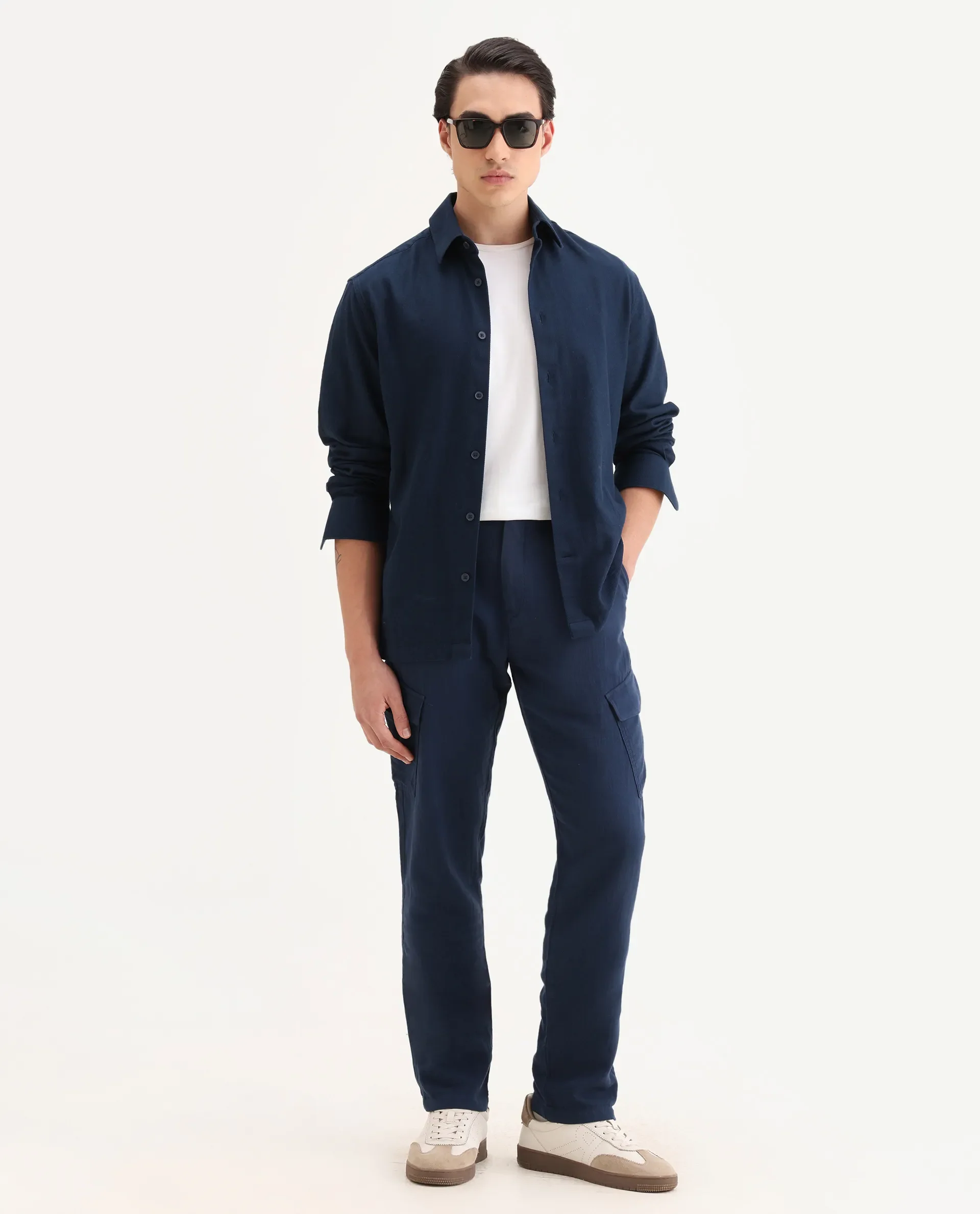 Rare Rabbit Men's Presso-25 Dusky Blue Cotton Plain Relaxed Fit Trouser
