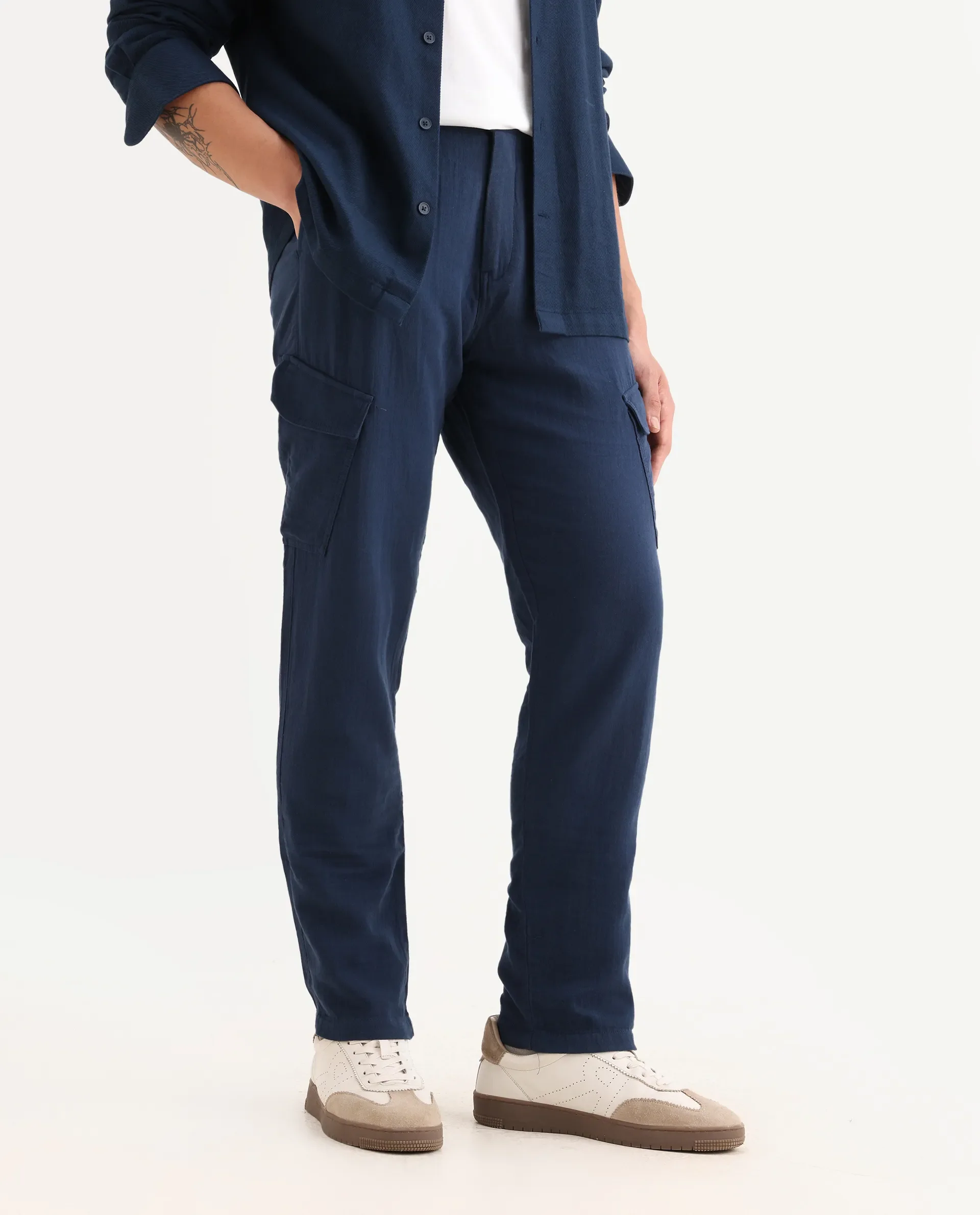 Rare Rabbit Men's Presso-25 Dusky Blue Cotton Plain Relaxed Fit Trouser - Image 2