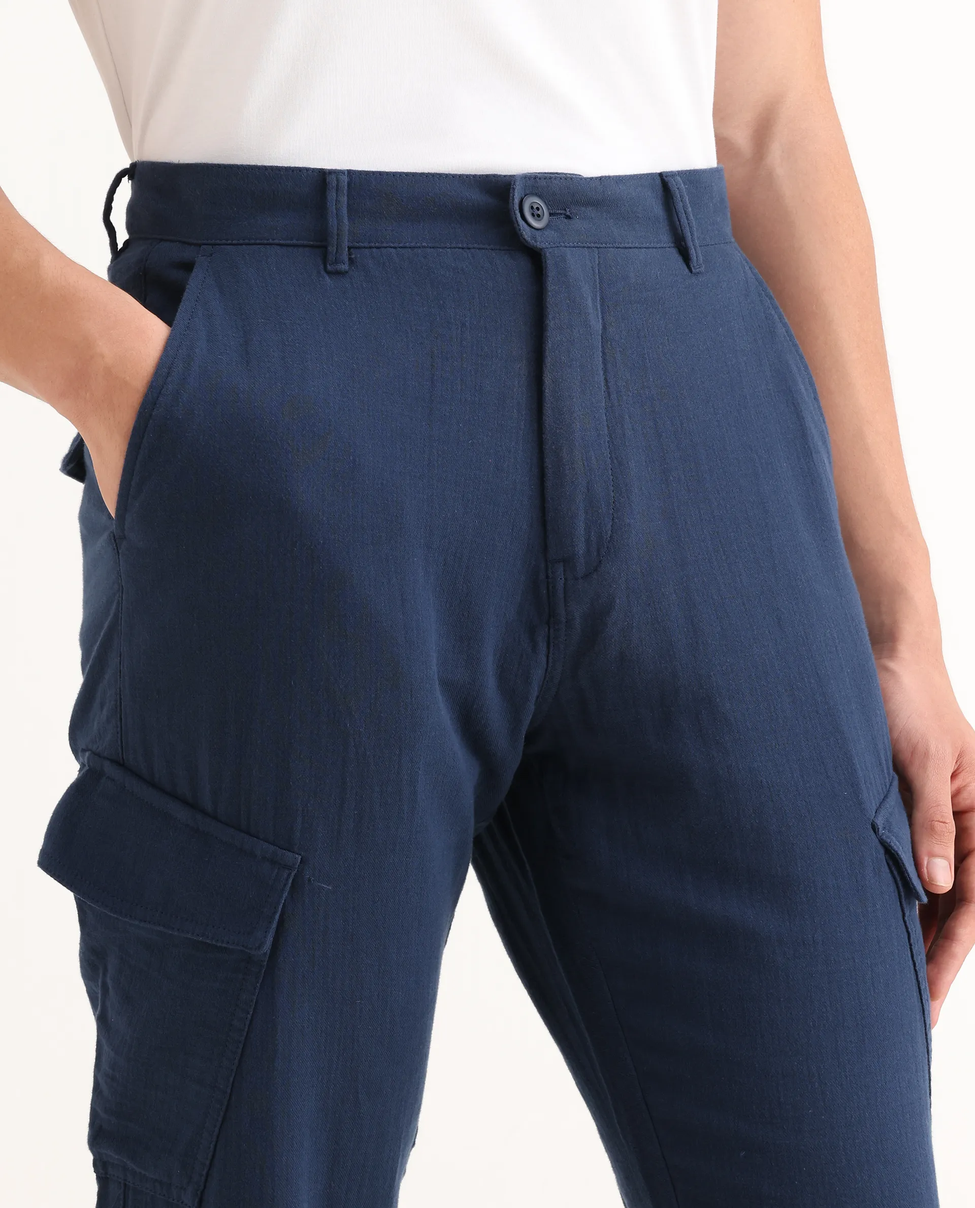 Rare Rabbit Men's Presso-25 Dusky Blue Cotton Plain Relaxed Fit Trouser - Image 3