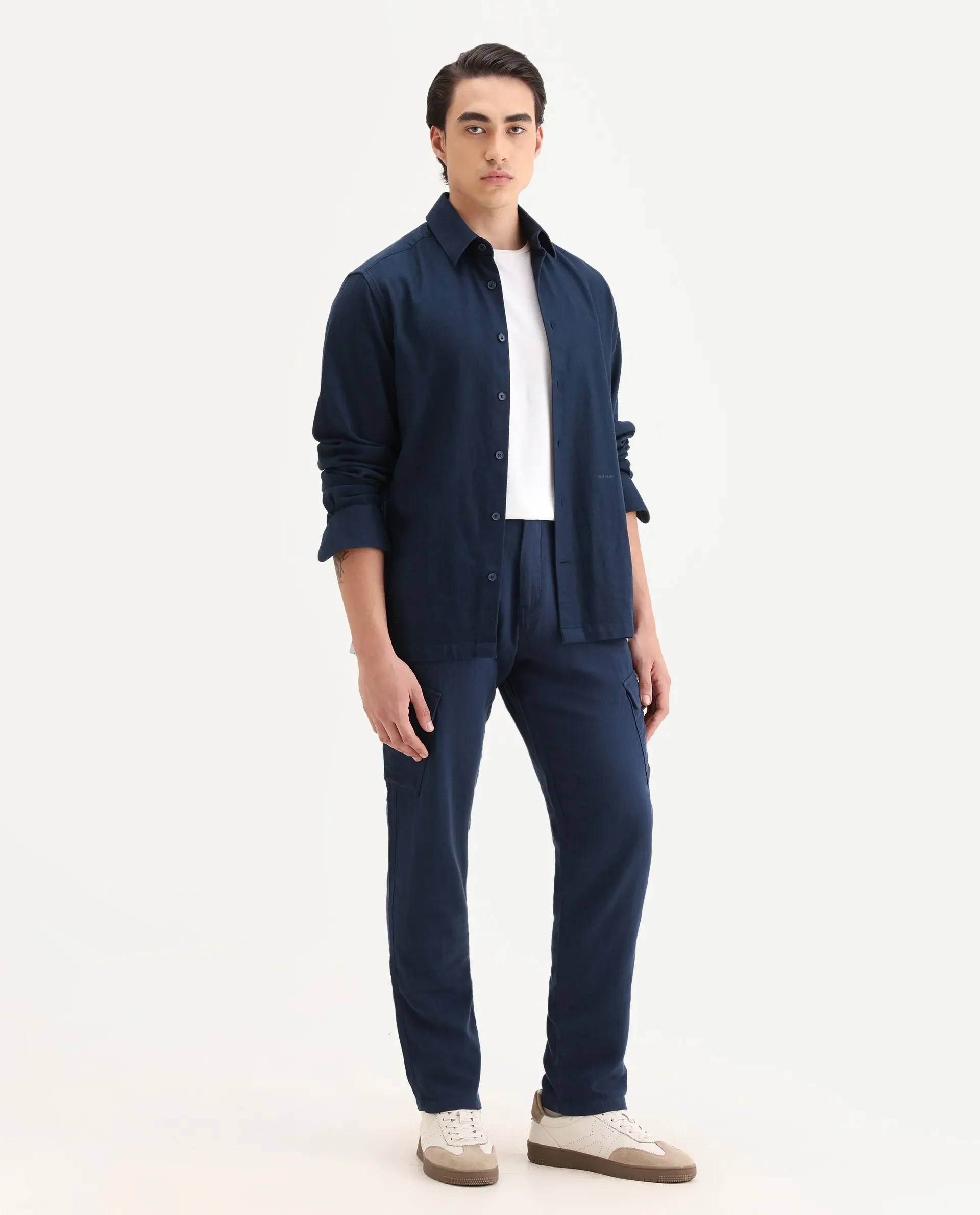 Rare Rabbit Men's Presso-25 Dusky Blue Cotton Plain Relaxed Fit Trouser - Image 4