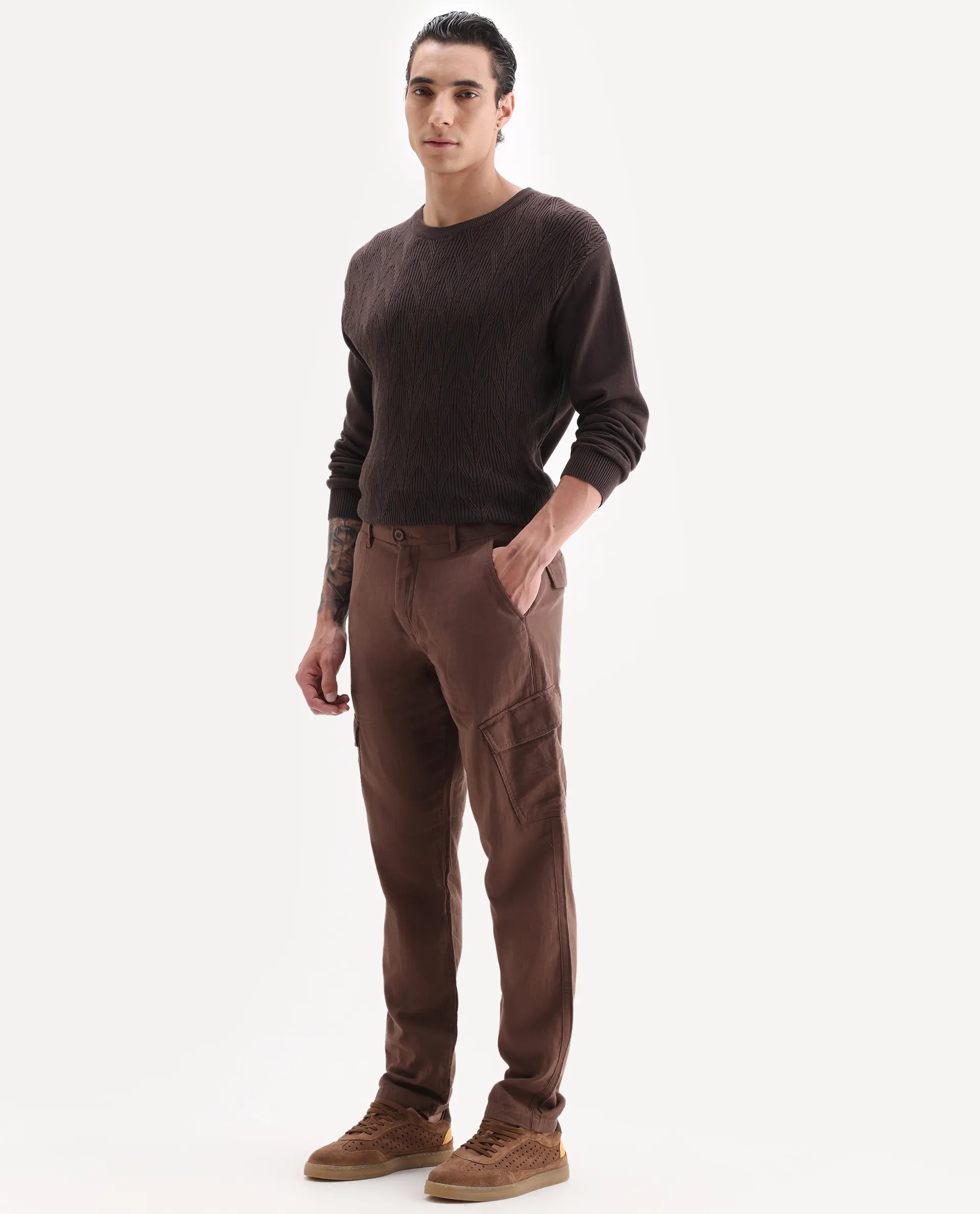 Rare Rabbit Men's Presso 25 Dusky Brown Cotton Plain Relaxed Fit Trouser - Image 4