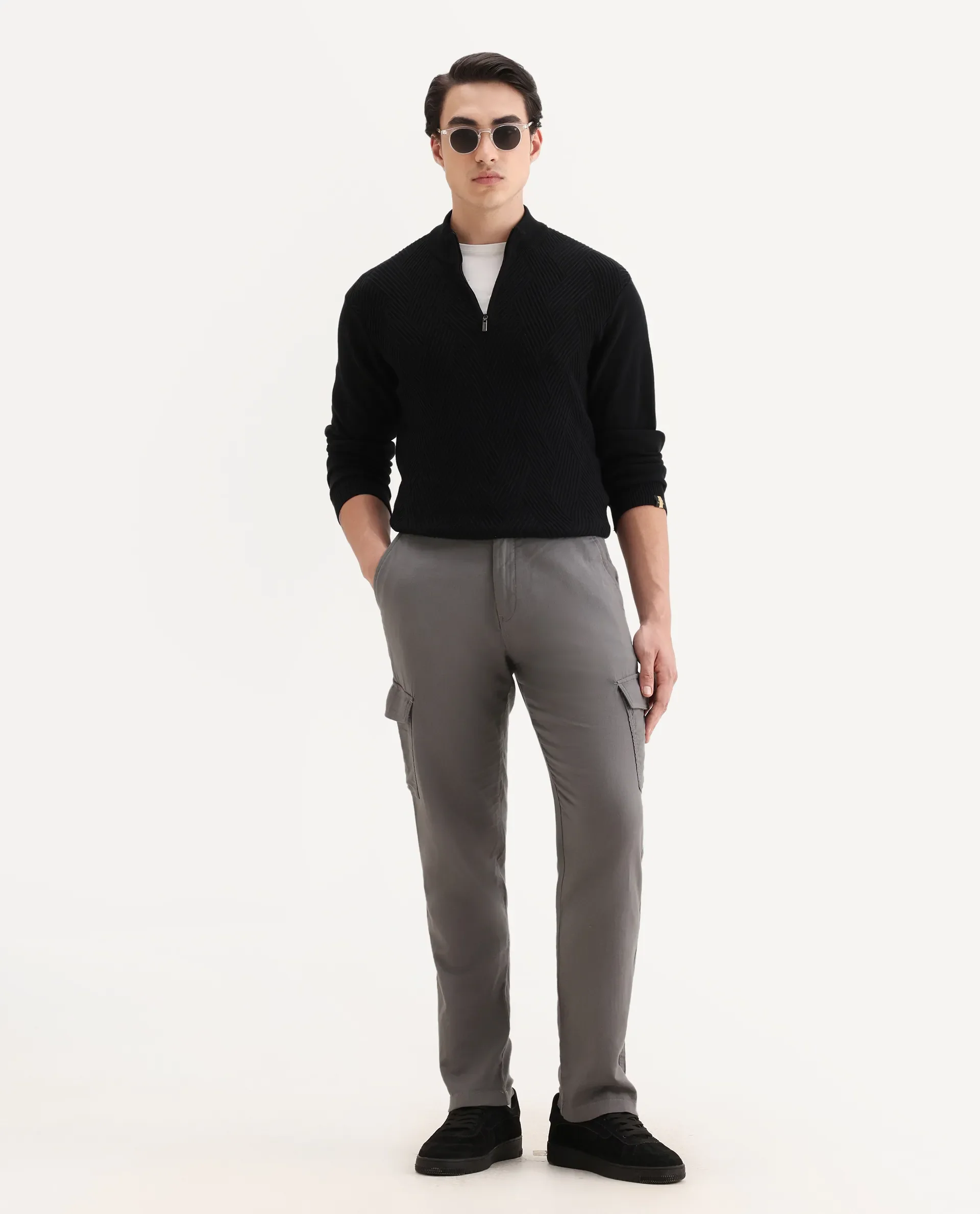 Rare Rabbit Men's Presso-Aw25 Light Grey Cotton Plain Regular Fit Trouser
