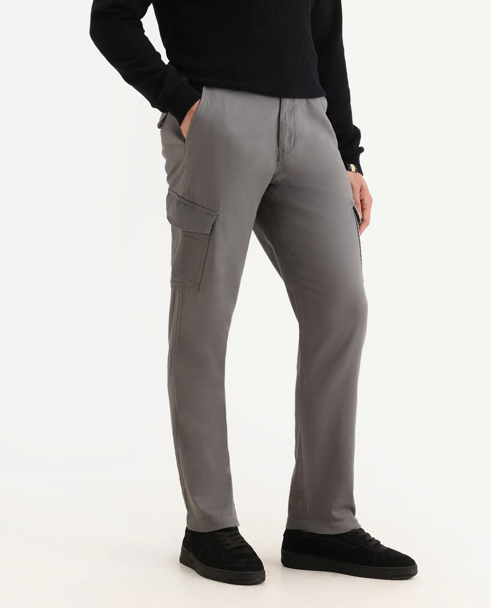 Rare Rabbit Men's Presso-Aw25 Light Grey Cotton Plain Regular Fit Trouser - Image 2