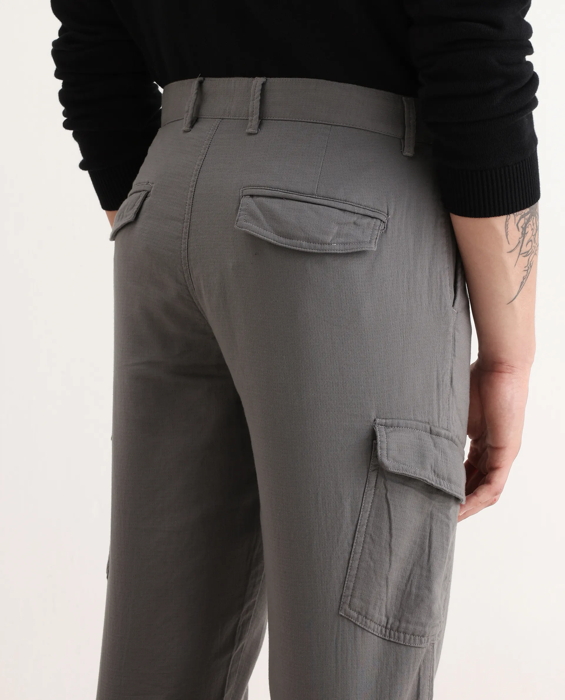 Rare Rabbit Men's Presso-Aw25 Light Grey Cotton Plain Regular Fit Trouser - Image 3
