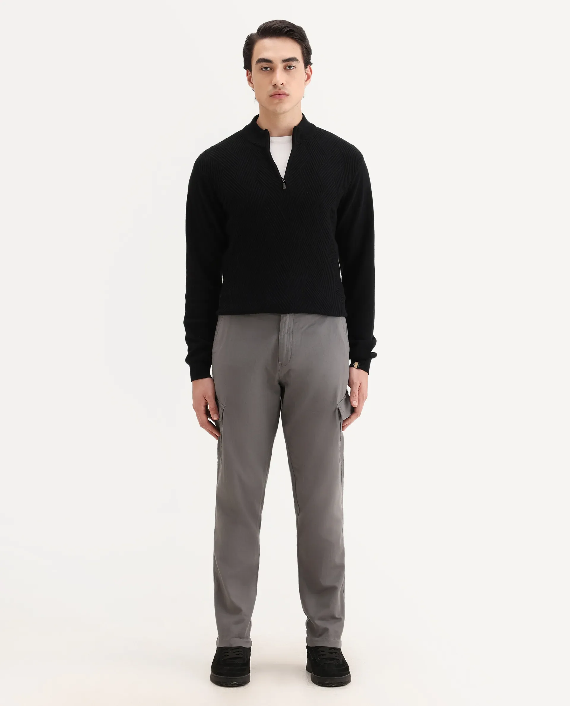 Rare Rabbit Men's Presso-Aw25 Light Grey Cotton Plain Regular Fit Trouser - Image 4