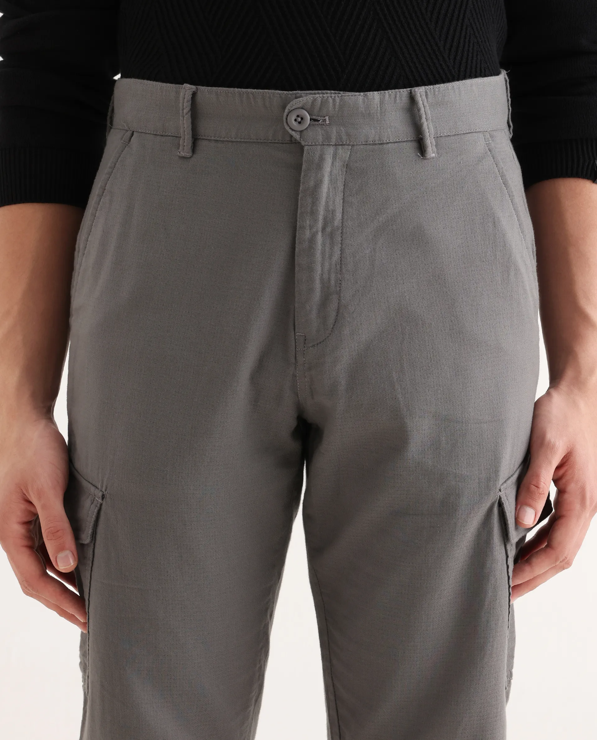 Rare Rabbit Men's Presso-Aw25 Light Grey Cotton Plain Regular Fit Trouser - Image 5