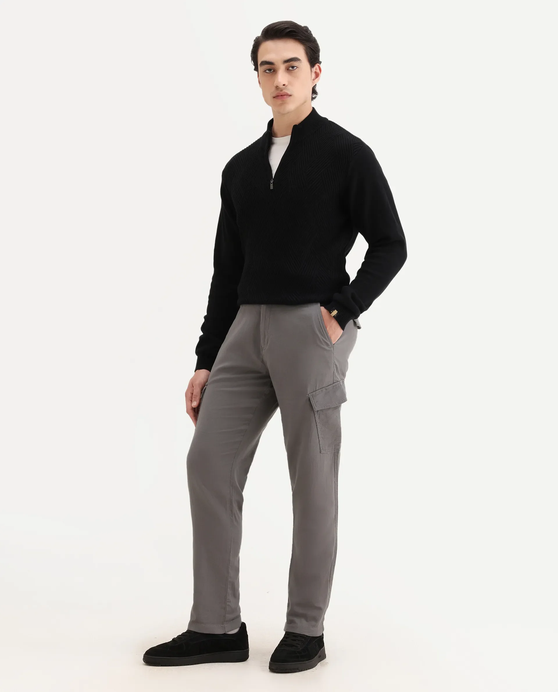 Rare Rabbit Men's Presso-Aw25 Light Grey Cotton Plain Regular Fit Trouser - Image 6