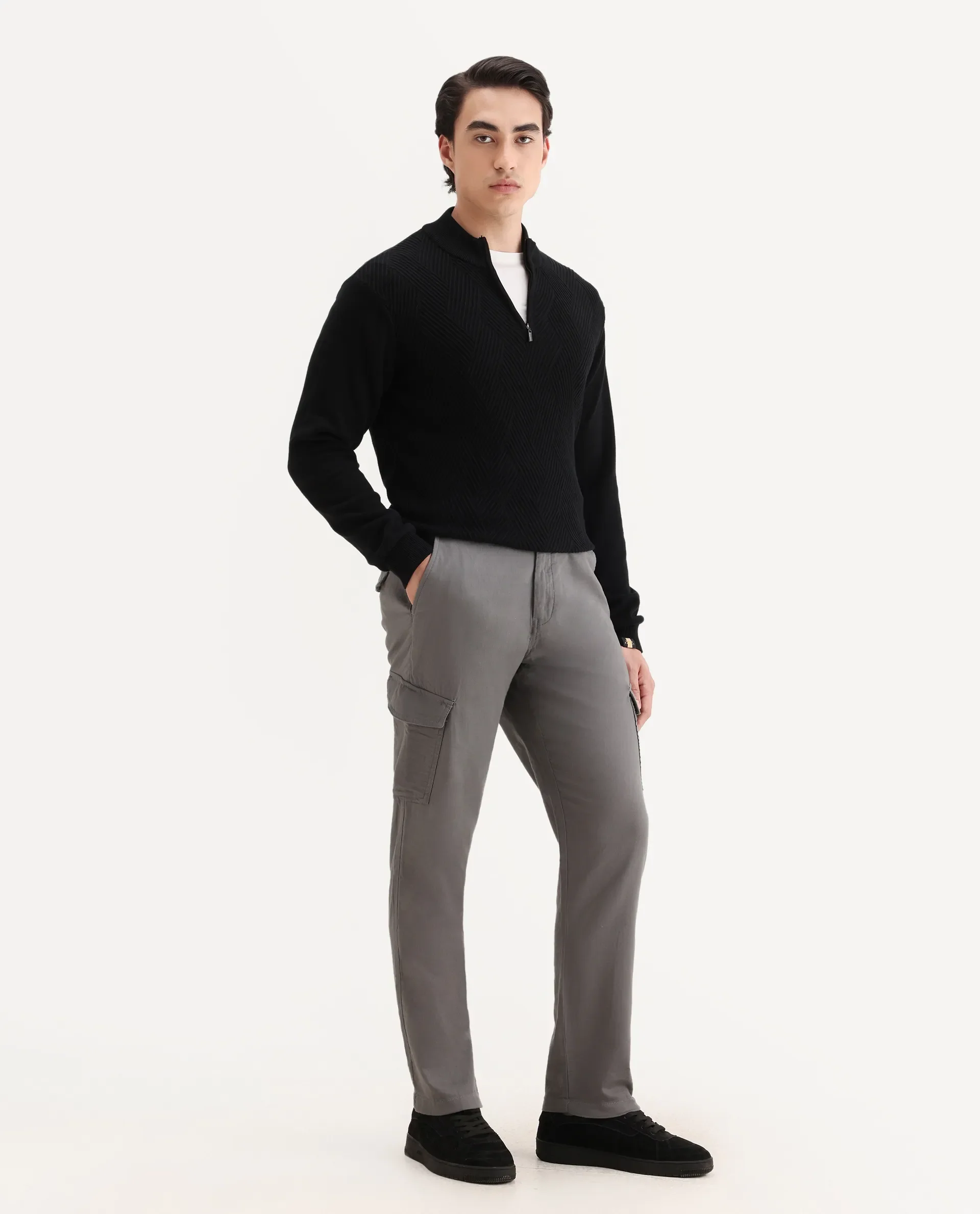 Rare Rabbit Men's Presso-Aw25 Light Grey Cotton Plain Regular Fit Trouser - Image 7
