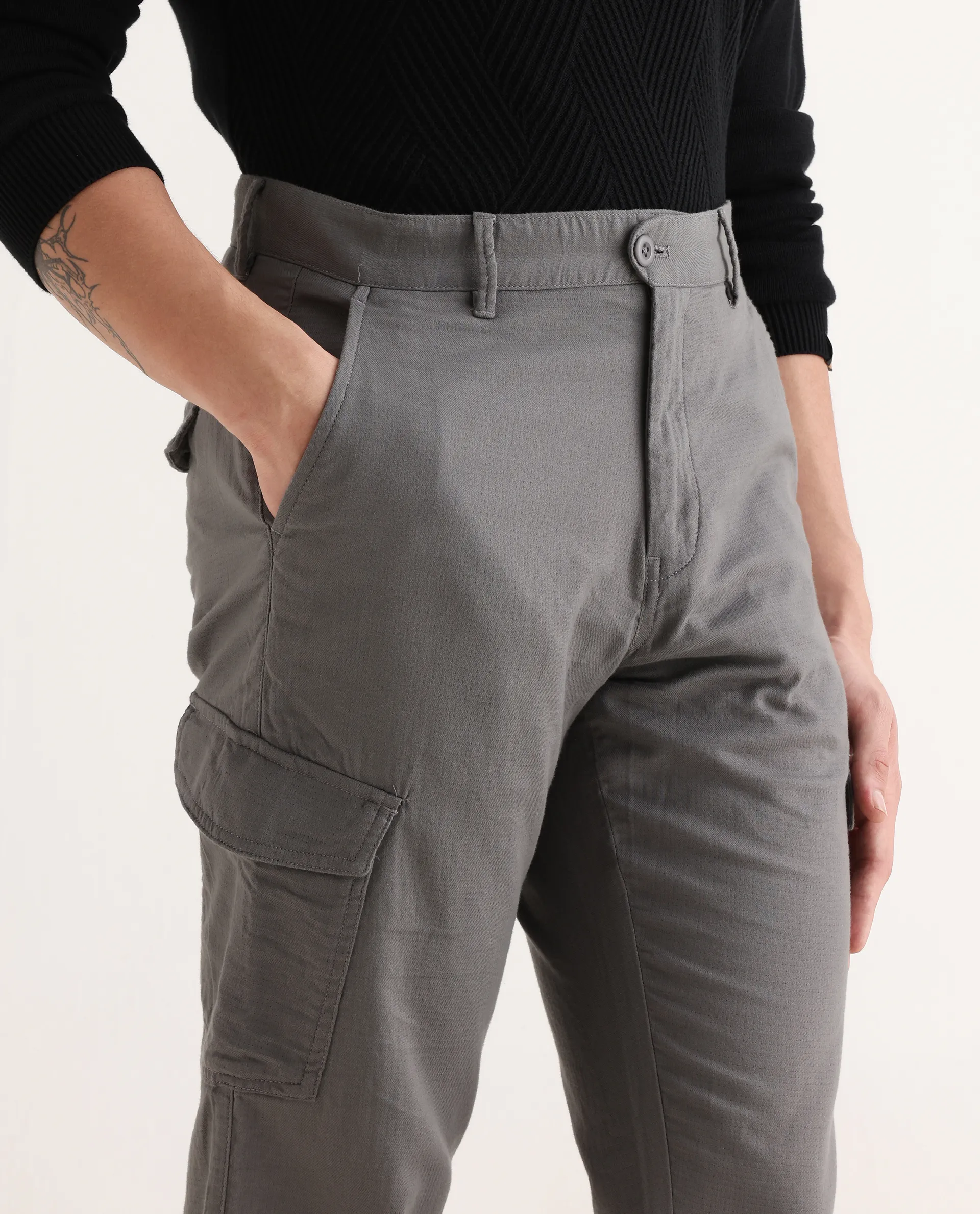 Rare Rabbit Men's Presso-Aw25 Light Grey Cotton Plain Regular Fit Trouser - Image 8