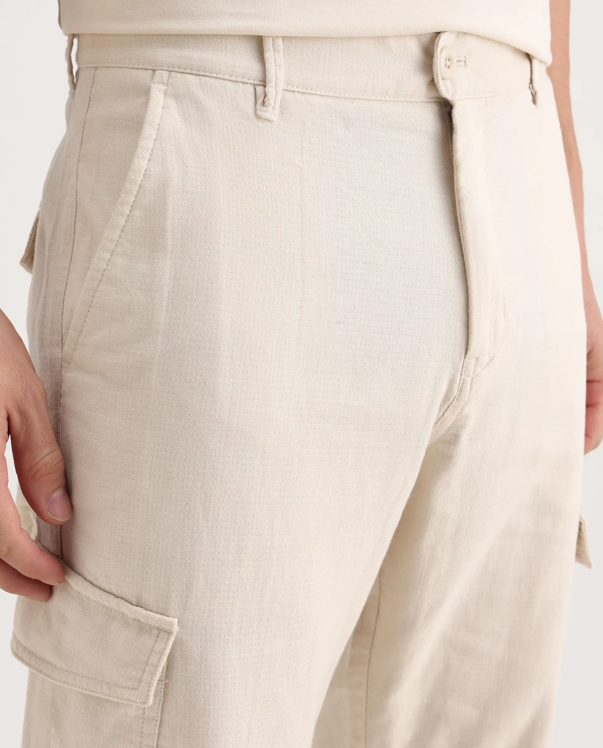 Rare Rabbit Men's Presso-Aw25 Off White Cotton Plain Regular Fit Trouser - Image 3