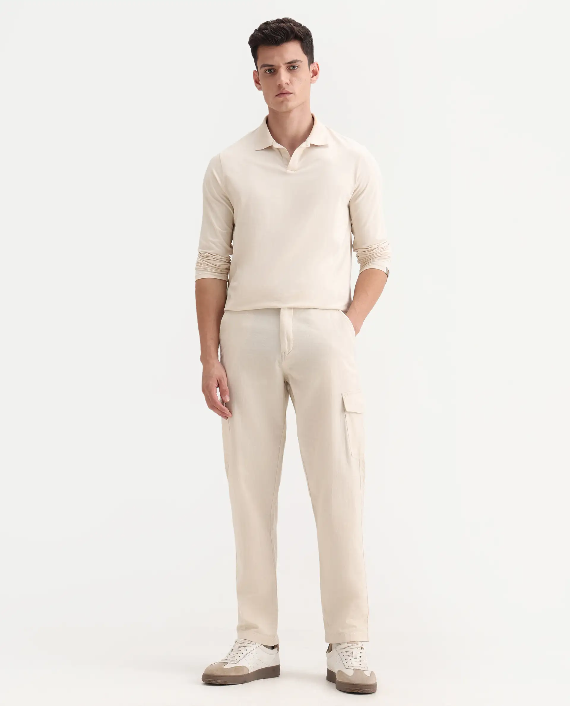 Rare Rabbit Men's Presso-Aw25 Off White Cotton Plain Regular Fit Trouser - Image 4