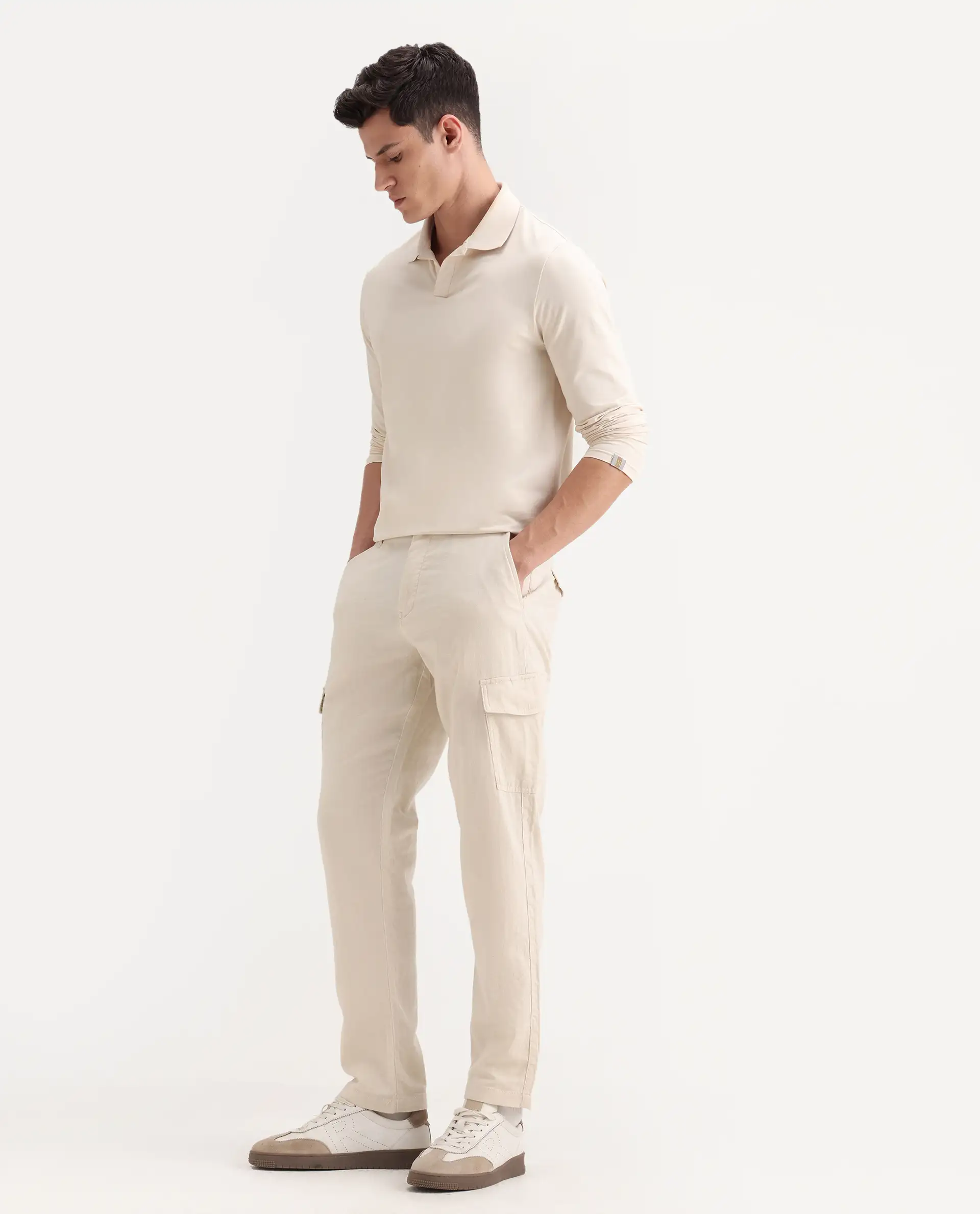 Rare Rabbit Men's Presso-Aw25 Off White Cotton Plain Regular Fit Trouser - Image 5