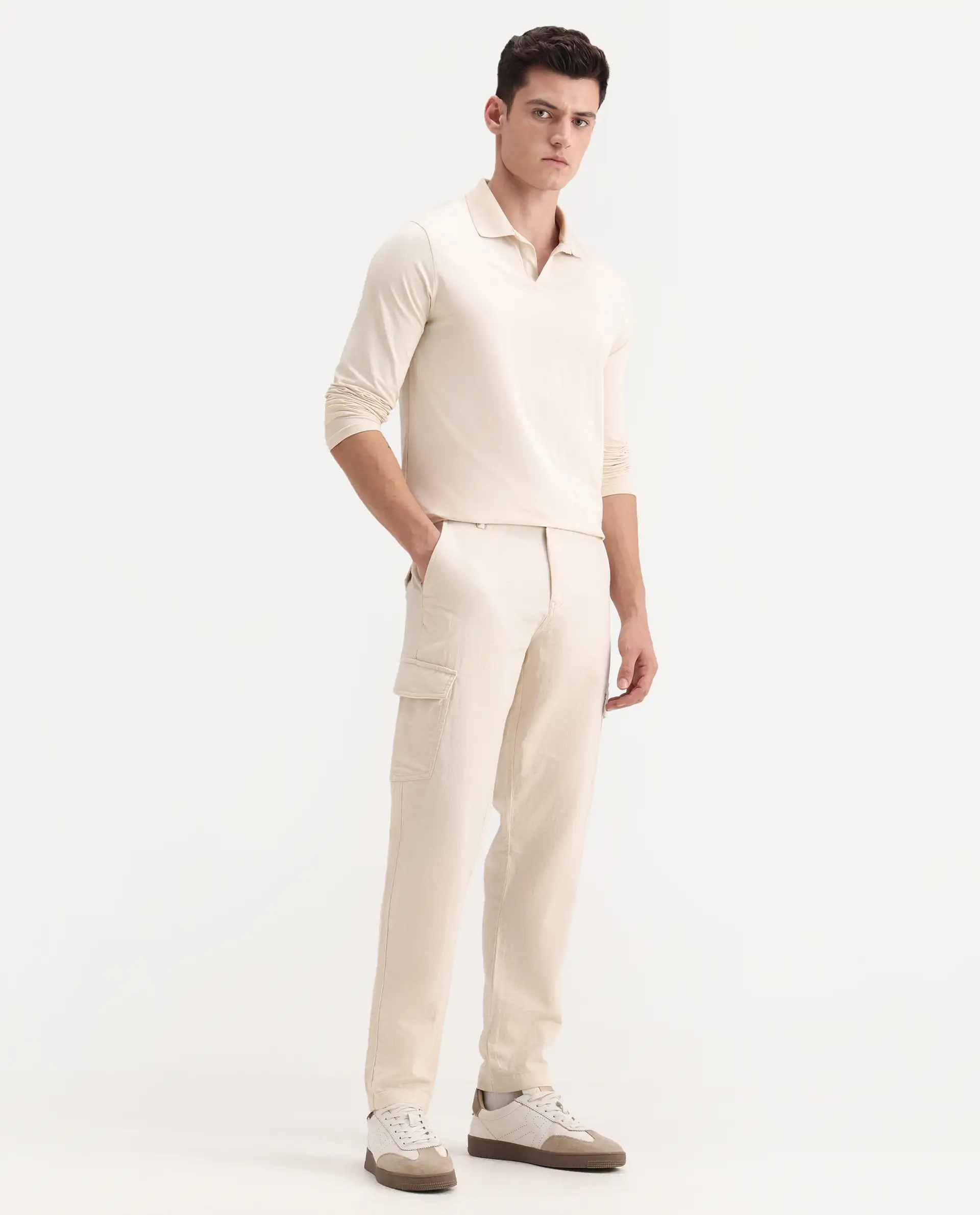 Rare Rabbit Men's Presso-Aw25 Off White Cotton Plain Regular Fit Trouser - Image 7