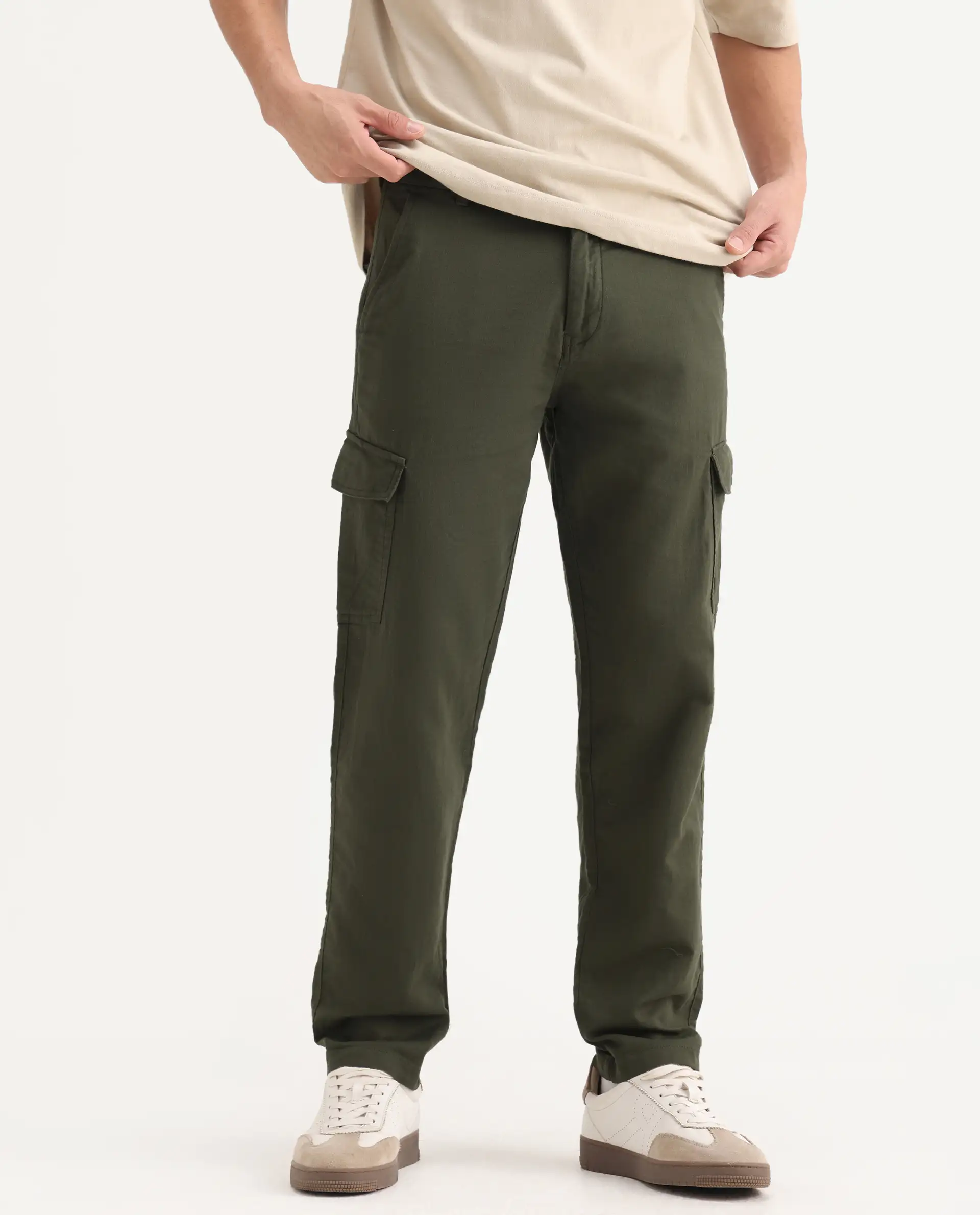 Rare Rabbit Men's Presso-Aw25 Olive Cotton Plain Regular Fit Trouser - Image 2