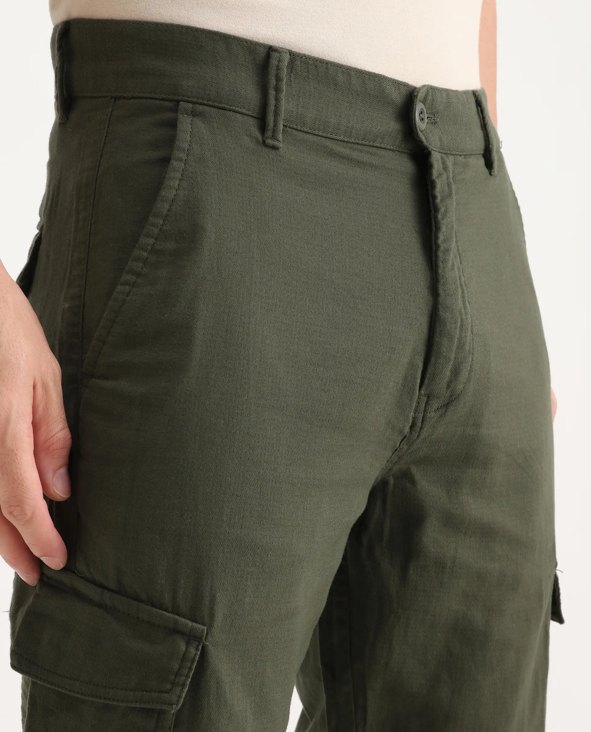 Rare Rabbit Men's Presso-Aw25 Olive Cotton Plain Regular Fit Trouser - Image 3