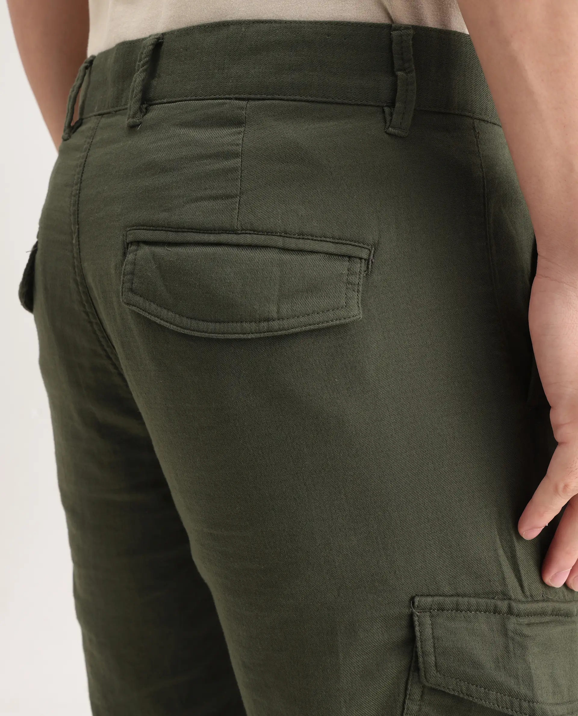 Rare Rabbit Men's Presso-Aw25 Olive Cotton Plain Regular Fit Trouser - Image 7