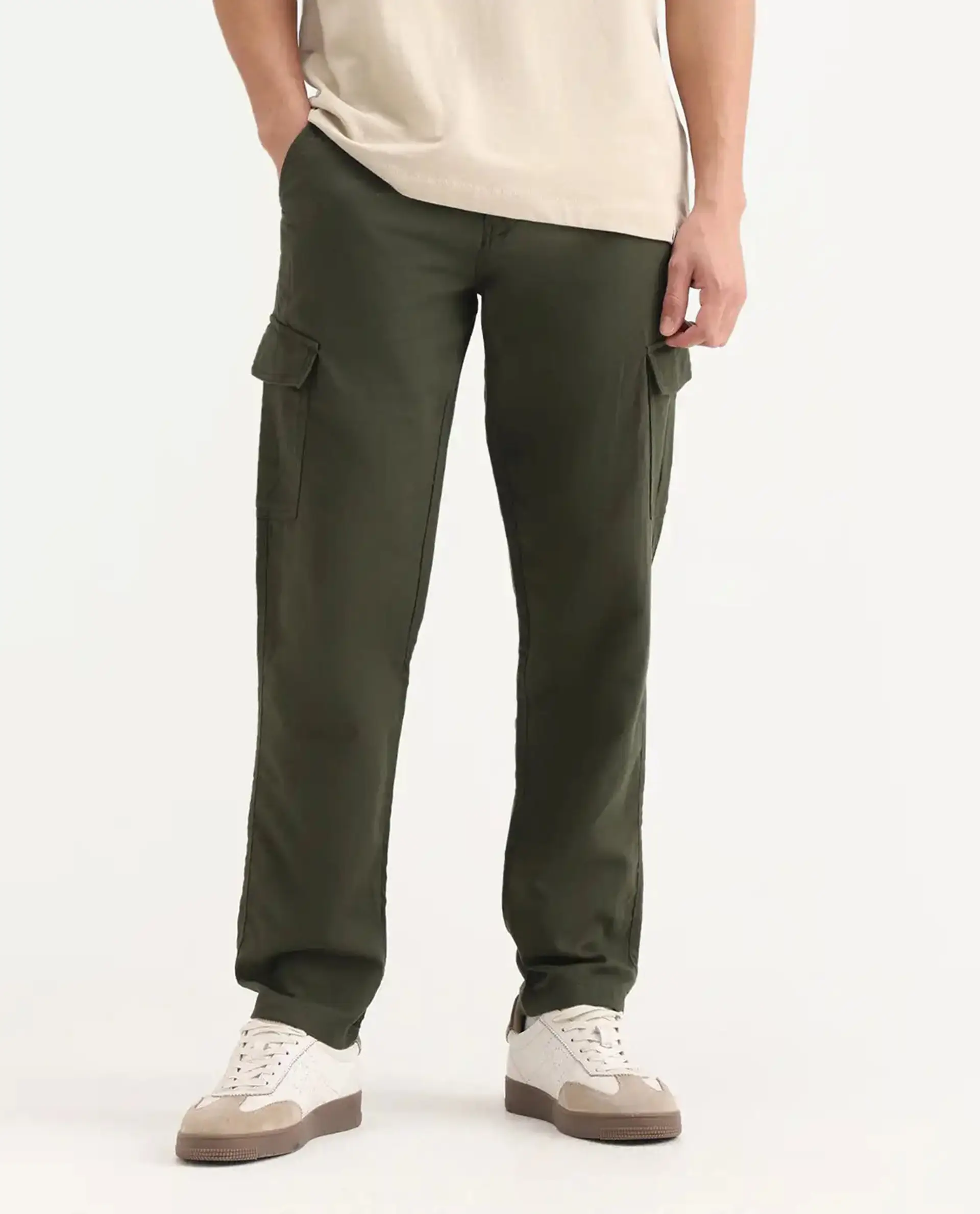 Rare Rabbit Men's Presso-Aw25 Olive Cotton Plain Regular Fit Trouser - Image 9