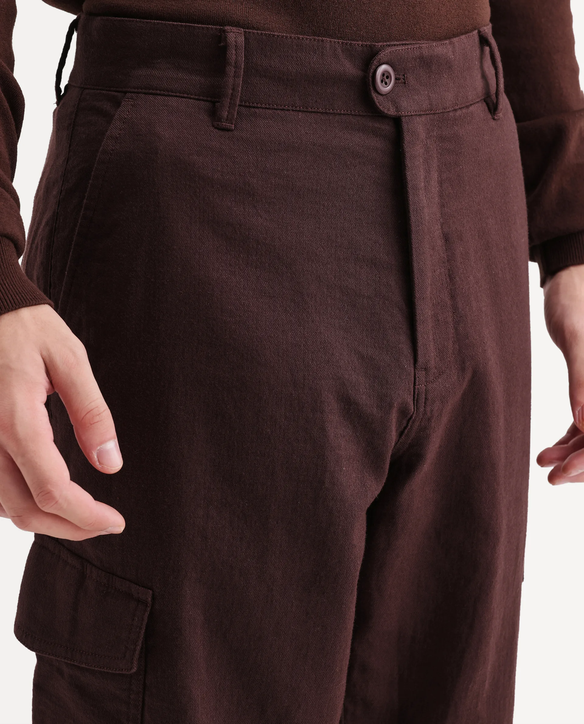 Rare Rabbit Men's Presso-Aw26 Dark Brown Cotton Fabric Regular Fit Plain Trouser - Image 3