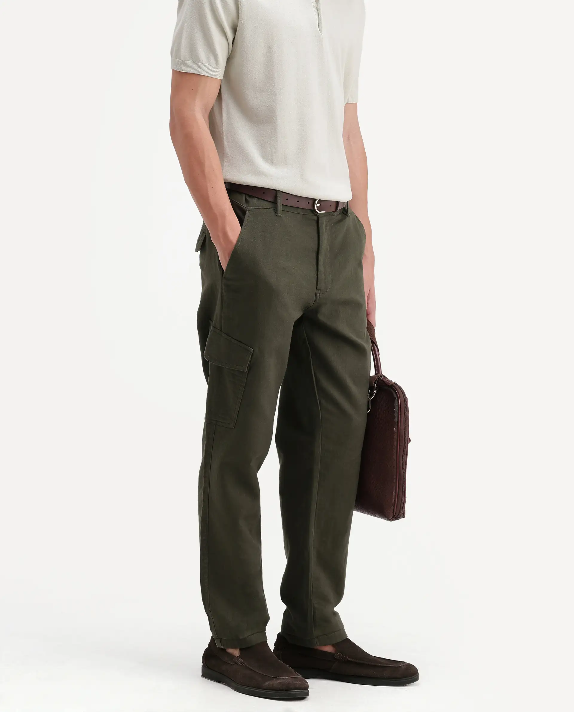 Rare Rabbit Men's Presso-Aw26 Olive Cotton Fabric Regular Fit Plain Cargo Trouser - Image 2