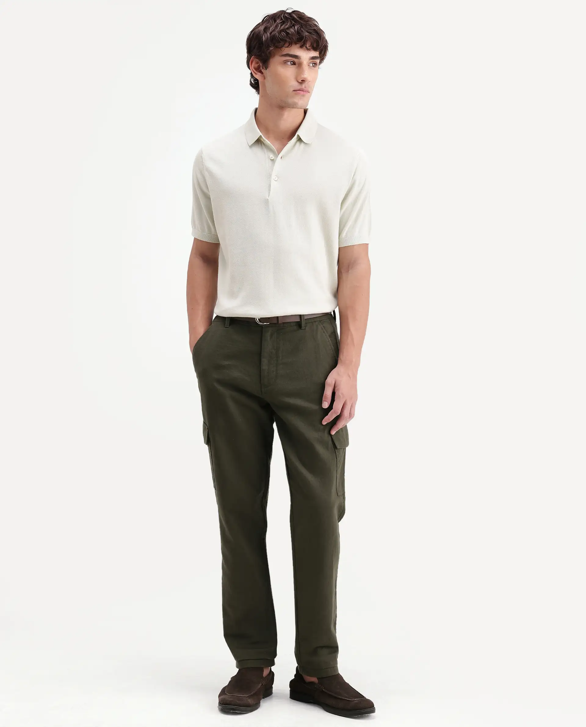 Rare Rabbit Men's Presso-Aw26 Olive Cotton Fabric Regular Fit Plain Cargo Trouser - Image 5