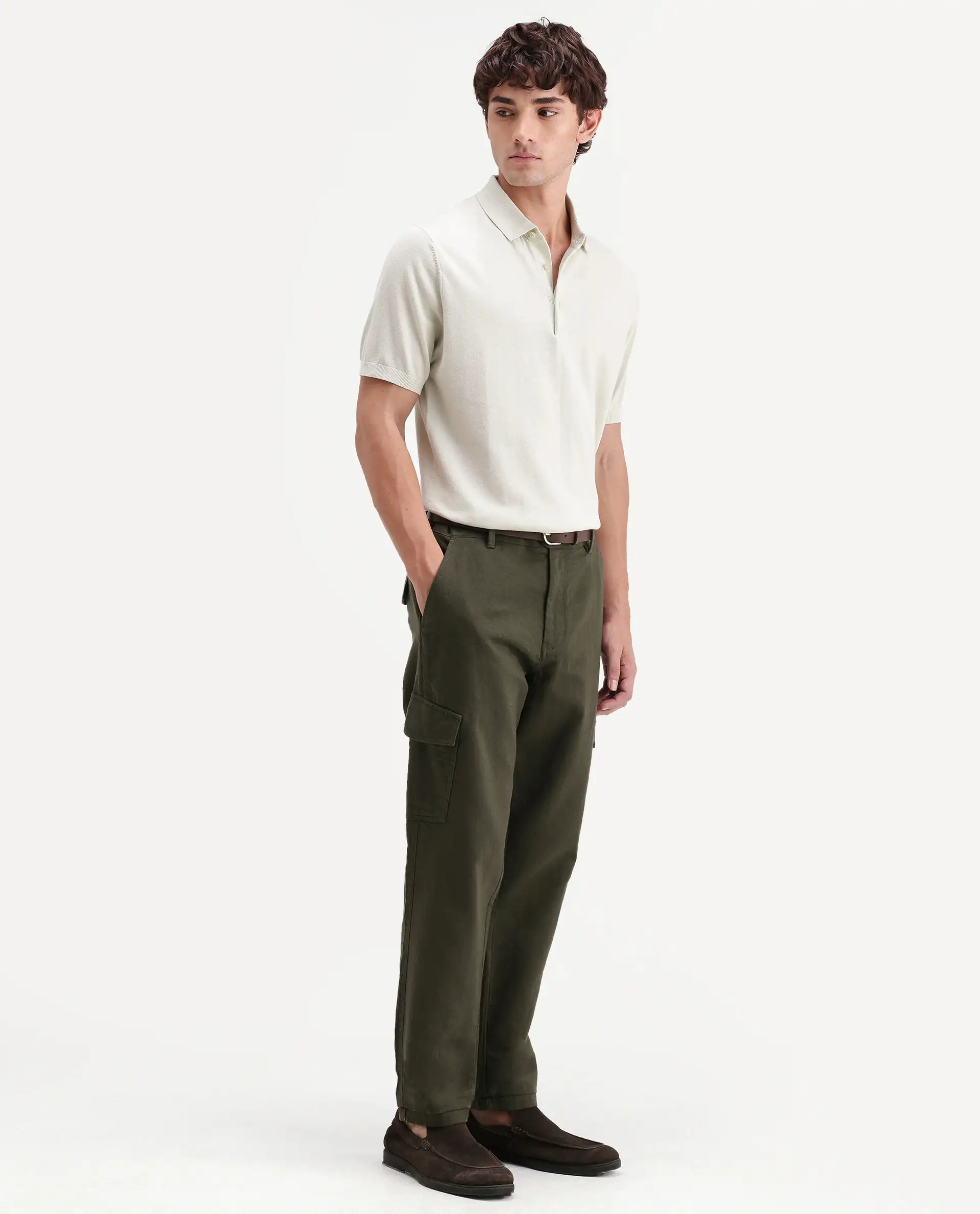 Rare Rabbit Men's Presso-Aw26 Olive Cotton Fabric Regular Fit Plain Cargo Trouser - Image 6