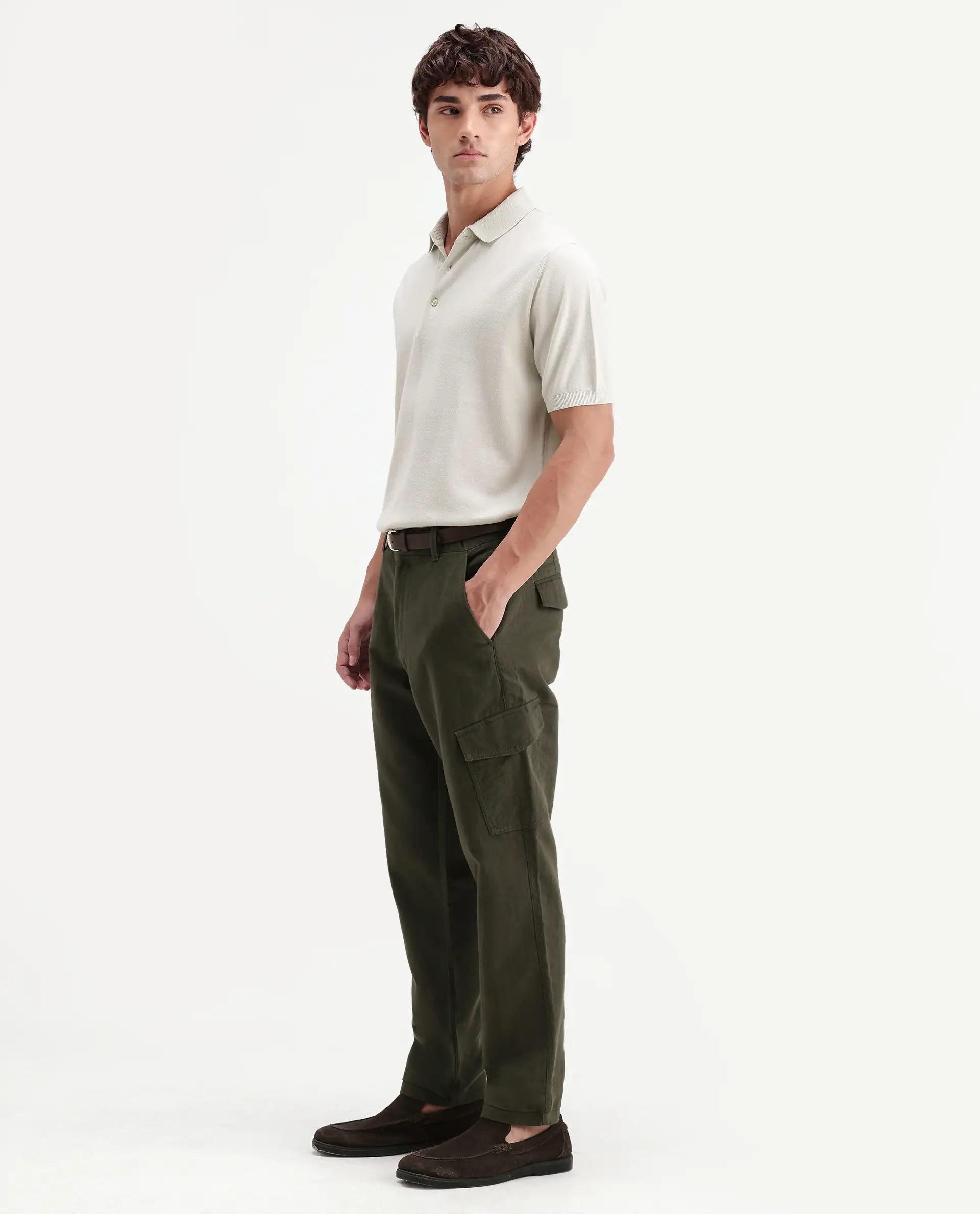 Rare Rabbit Men's Presso-Aw26 Olive Cotton Fabric Regular Fit Plain Cargo Trouser - Image 7