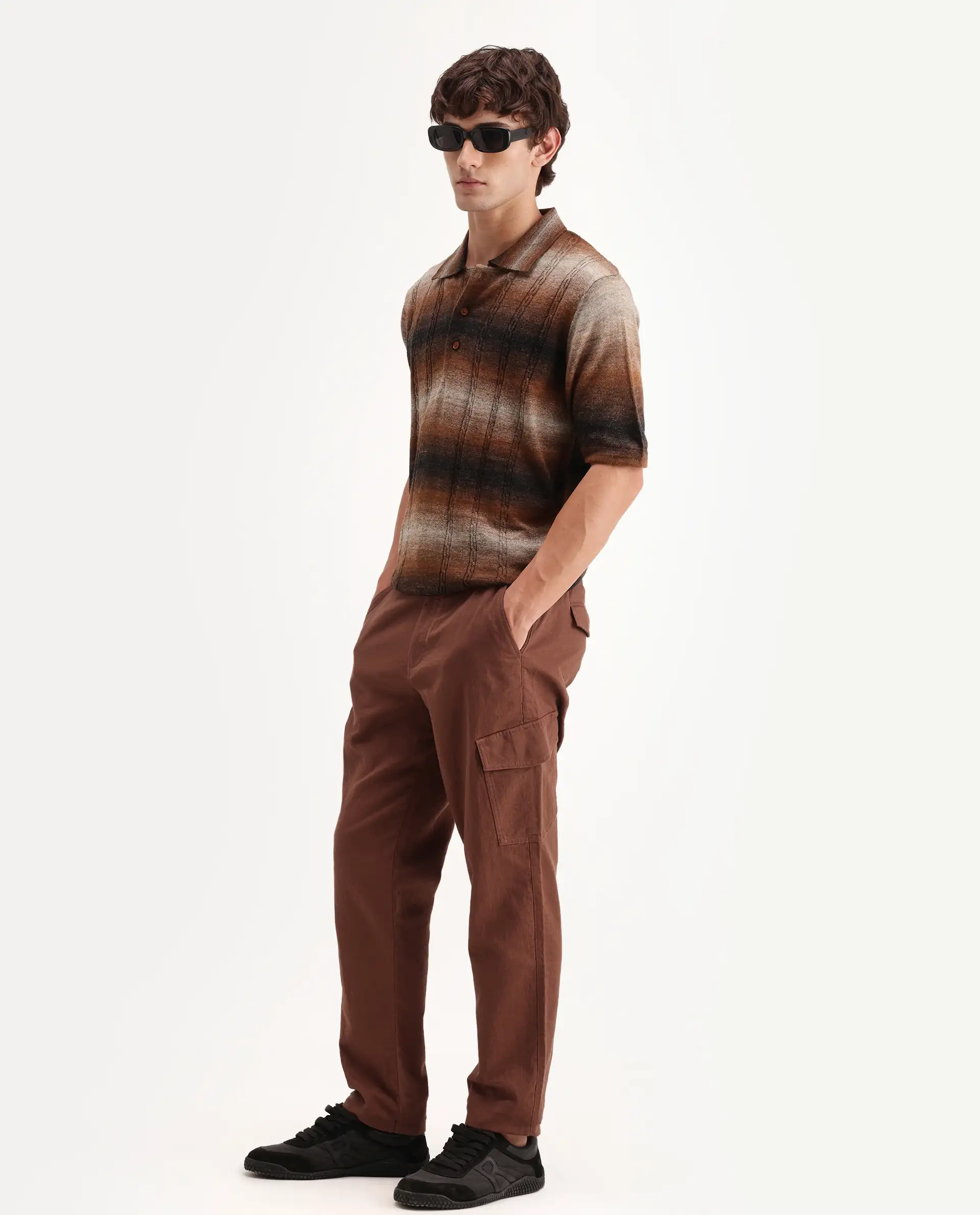 Rare Rabbit Men's Presso-Aw26 Rust Cotton Fabric Regular Fit Plain Trouser