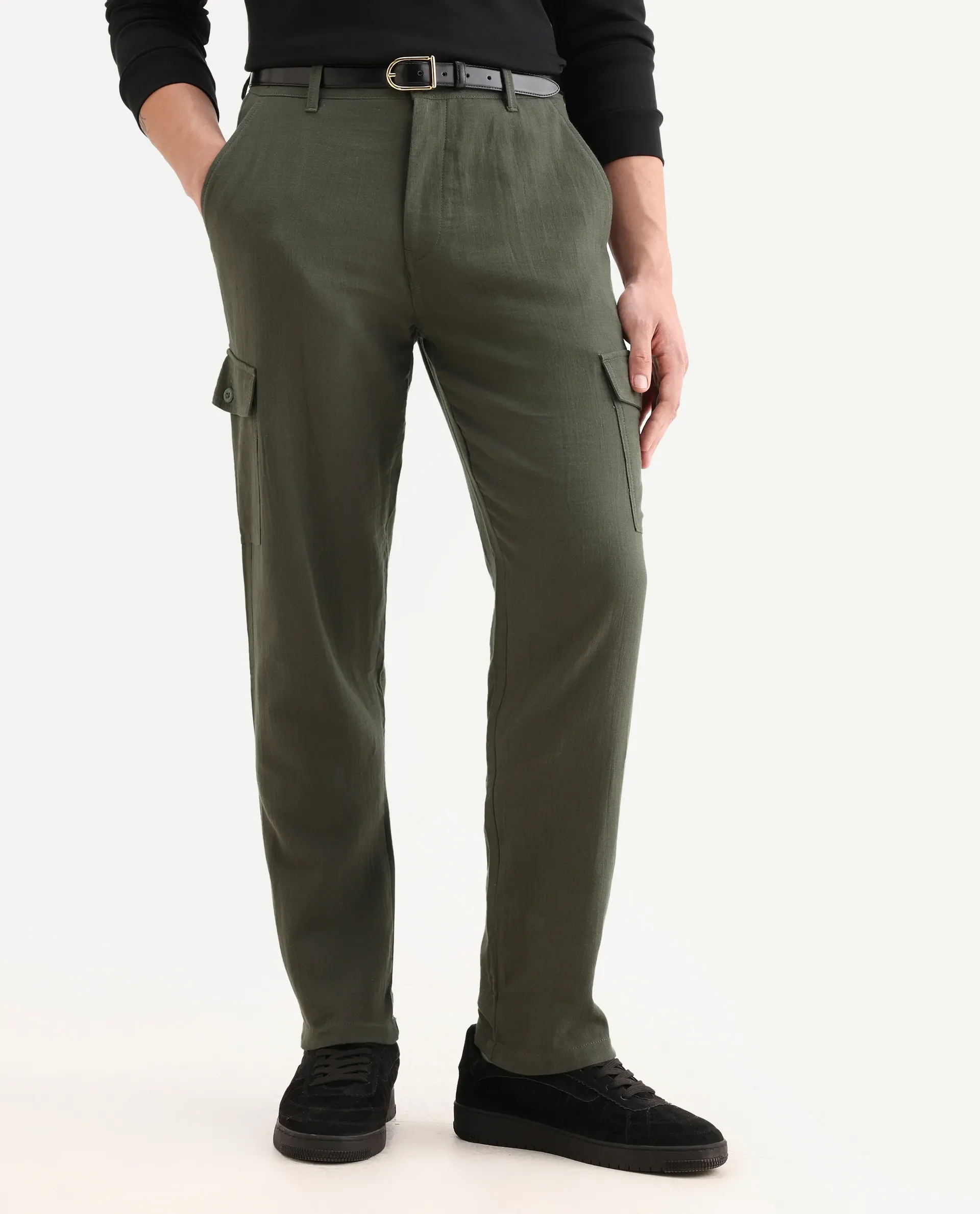 Rare Rabbit Men's Presso Dusky Green Cotton Plain Relaxed Fit Trouser - Image 2