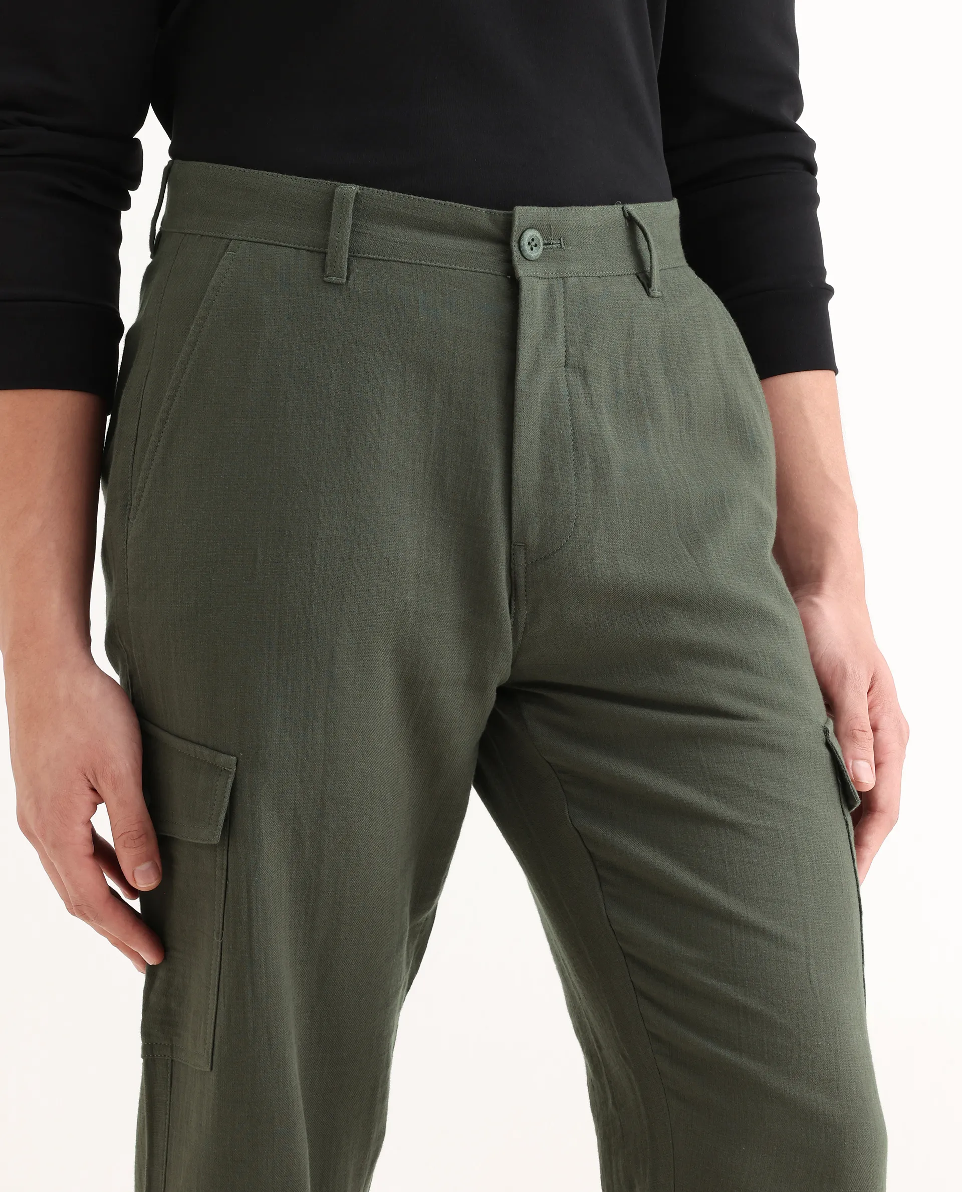 Rare Rabbit Men's Presso Dusky Green Cotton Plain Relaxed Fit Trouser - Image 3