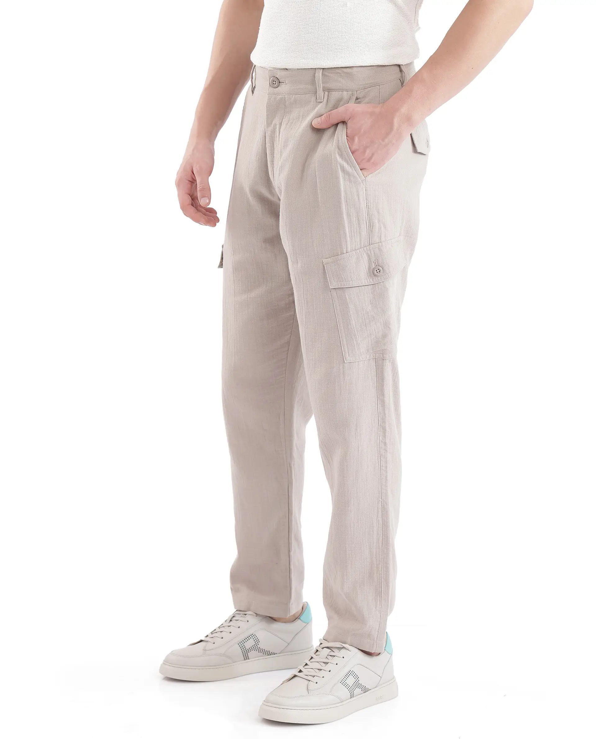 Rare Rabbit Men's Presso Light Beige Cotton Plain Relaxed Fit Trouser