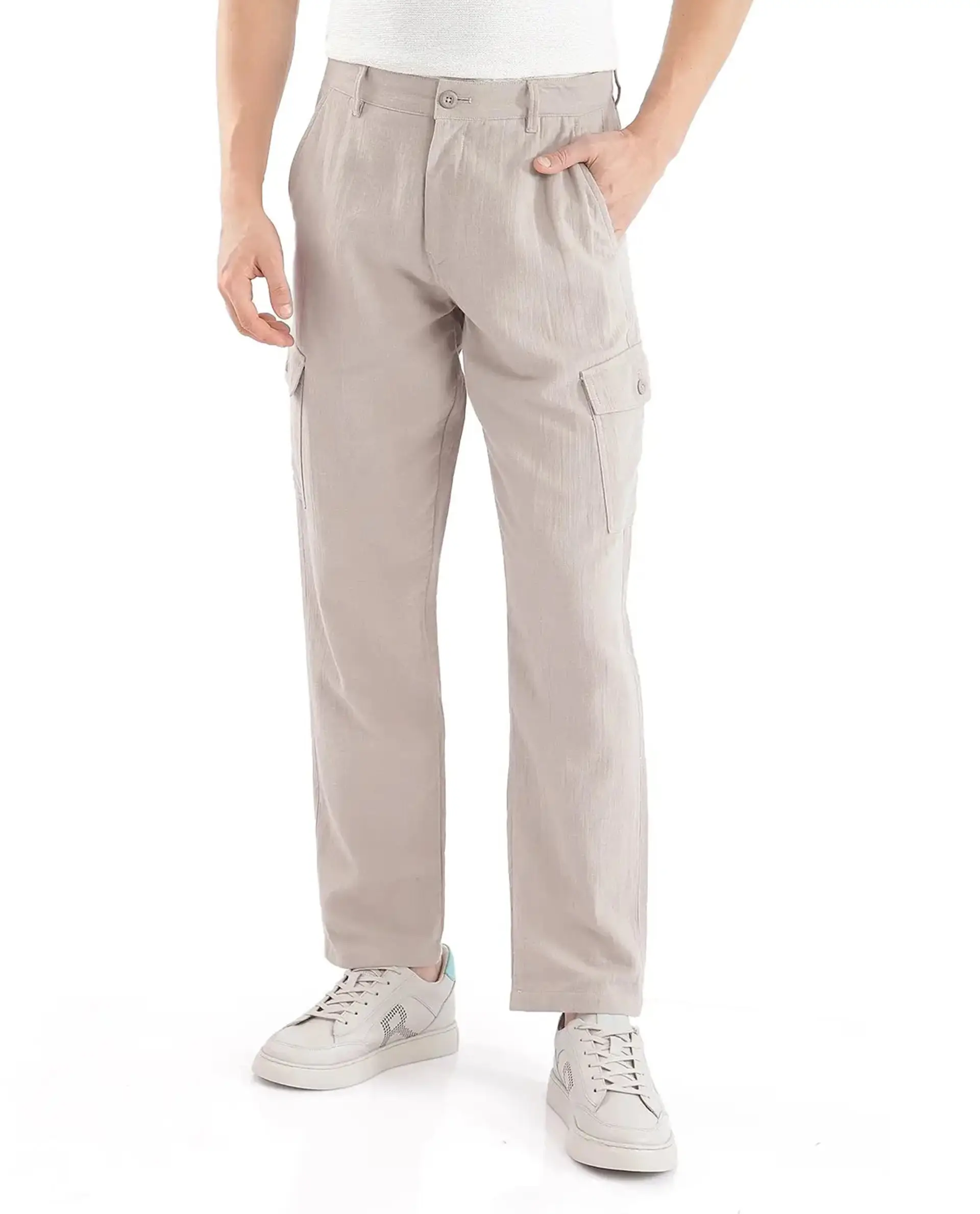Rare Rabbit Men's Presso Light Beige Cotton Plain Relaxed Fit Trouser - Image 9