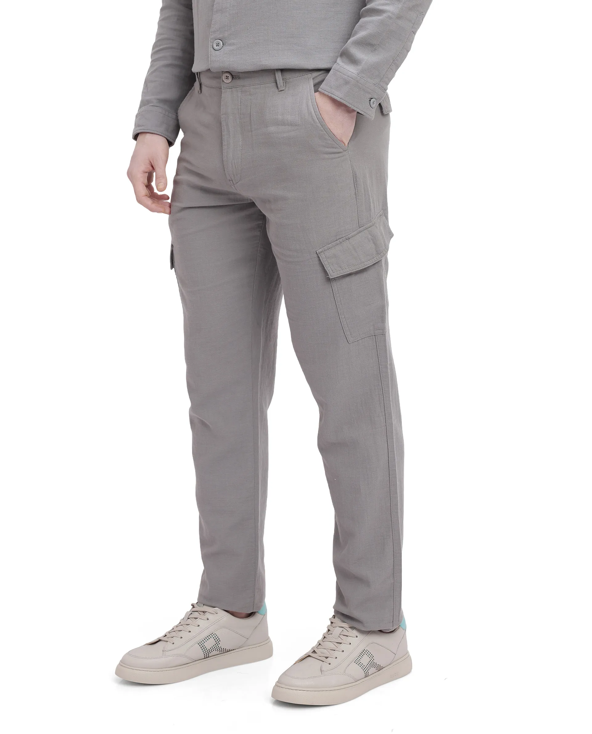 Rare Rabbit Men's Presso Light Grey Cotton Plain Relaxed Fit Trouser