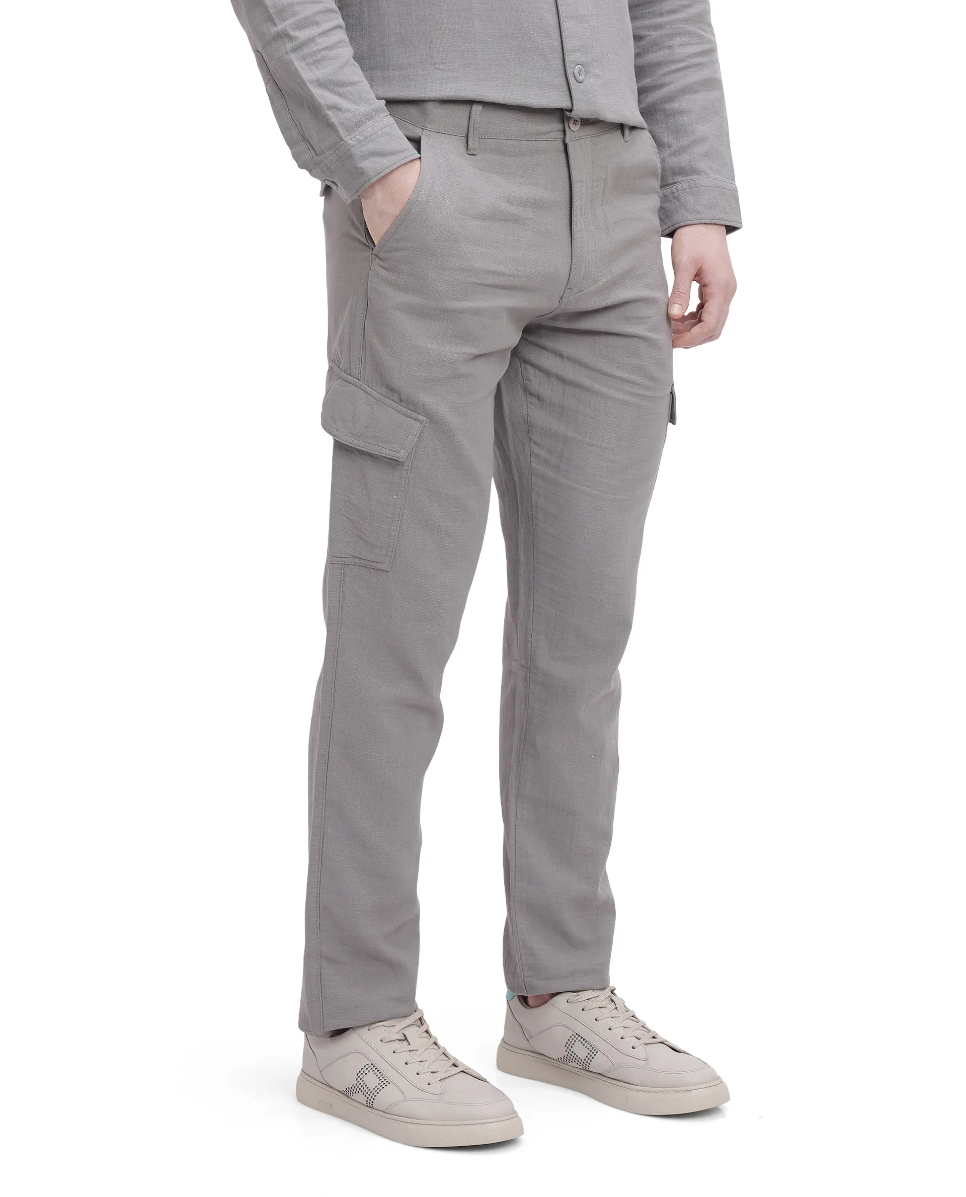 Rare Rabbit Men's Presso Light Grey Cotton Plain Relaxed Fit Trouser - Image 5